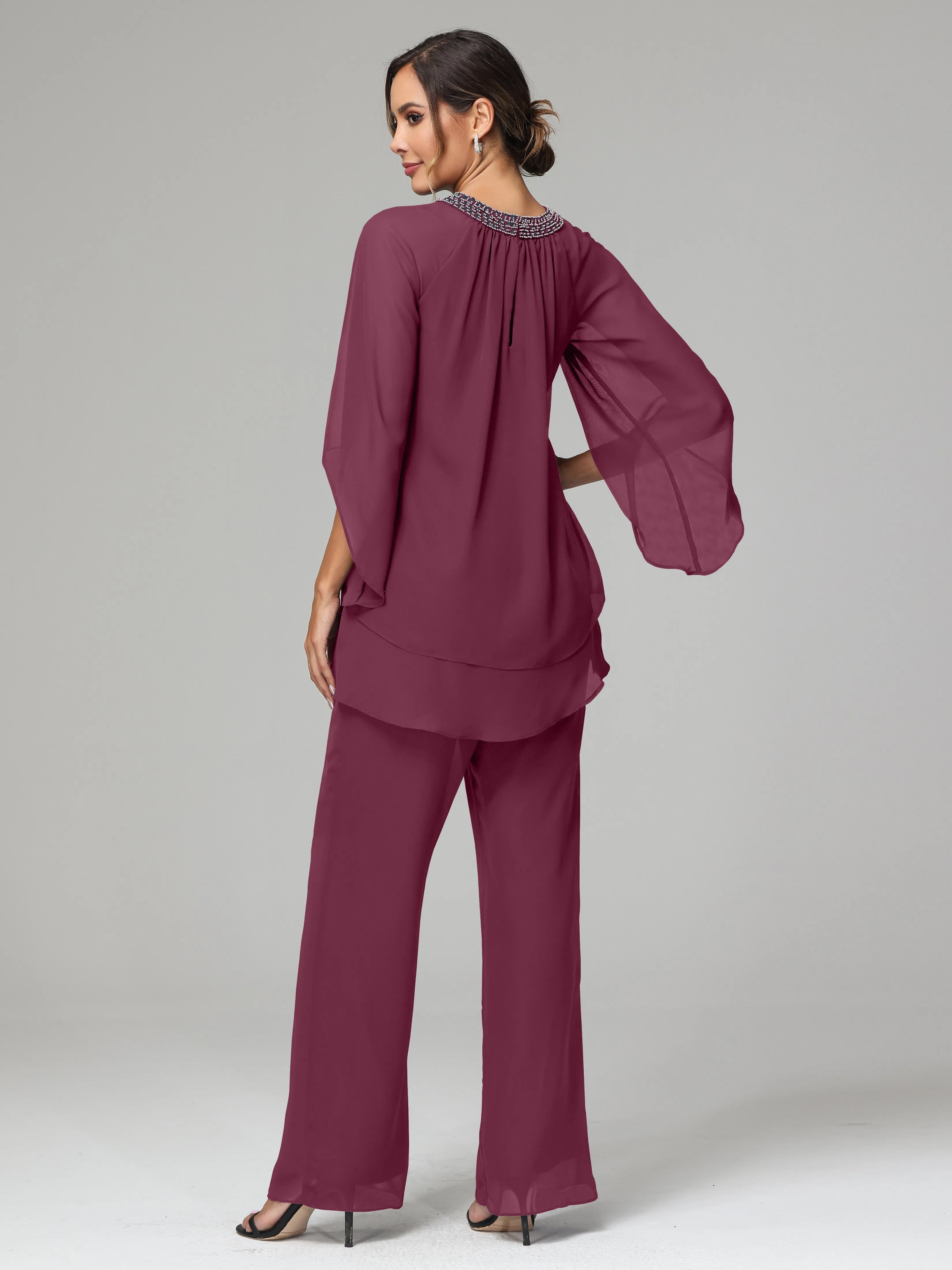 Long Sleeves Chiffon Mother Of The Bride Dress Pants Suits