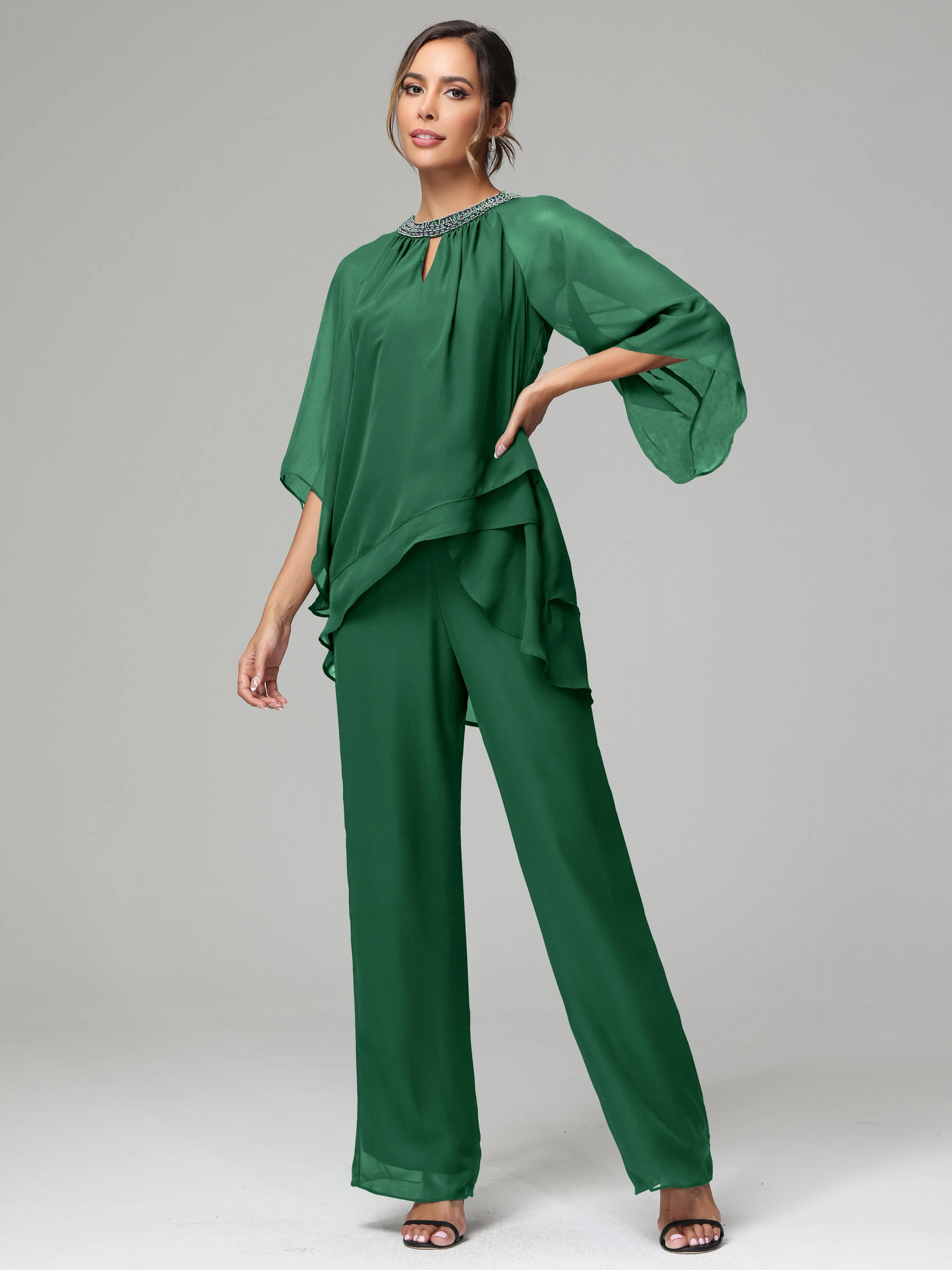 Long Sleeves Chiffon Mother Of The Bride Dress Pants Suits