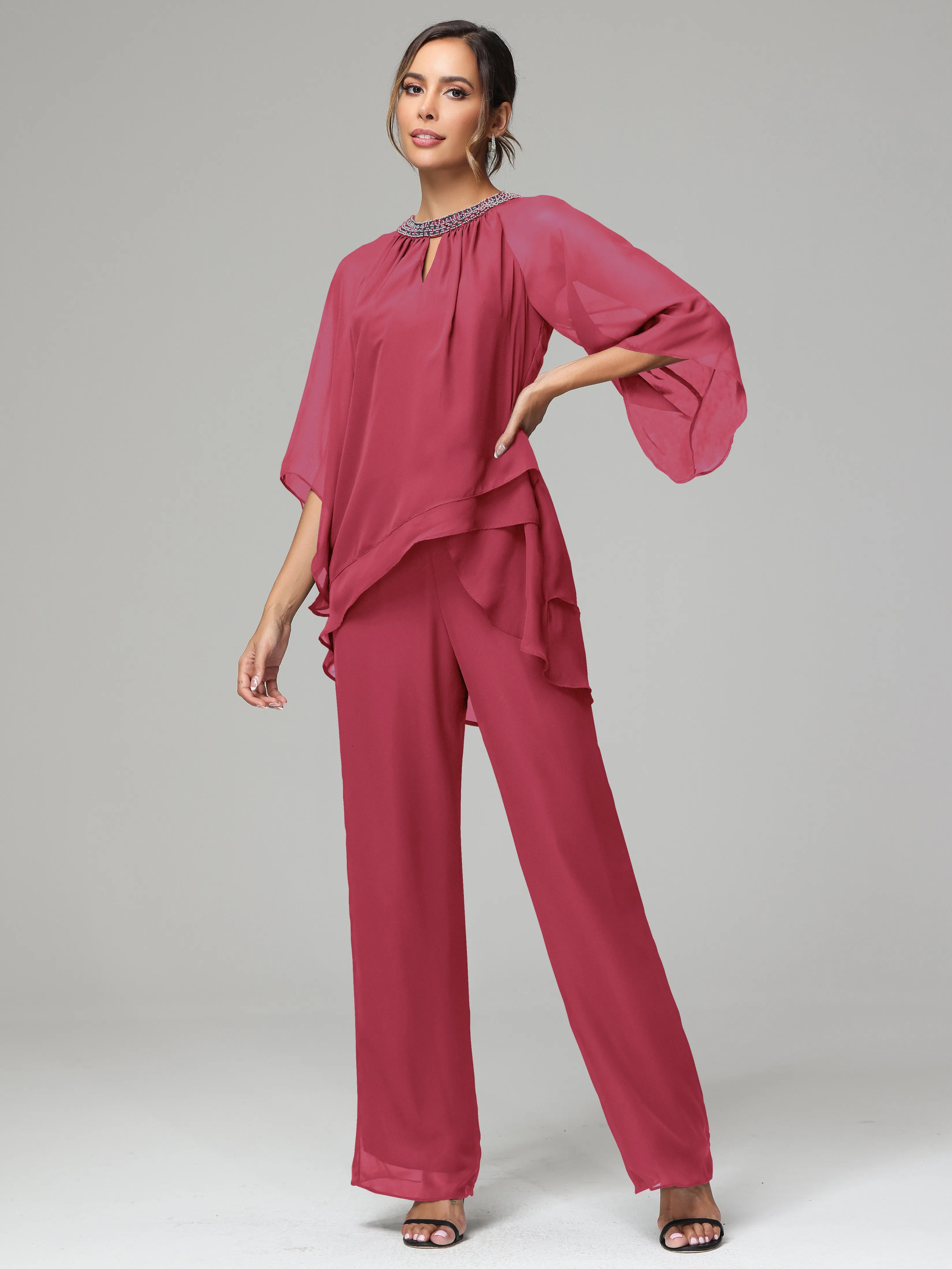 Long Sleeves Chiffon Mother Of The Bride Dress Pants Suits
