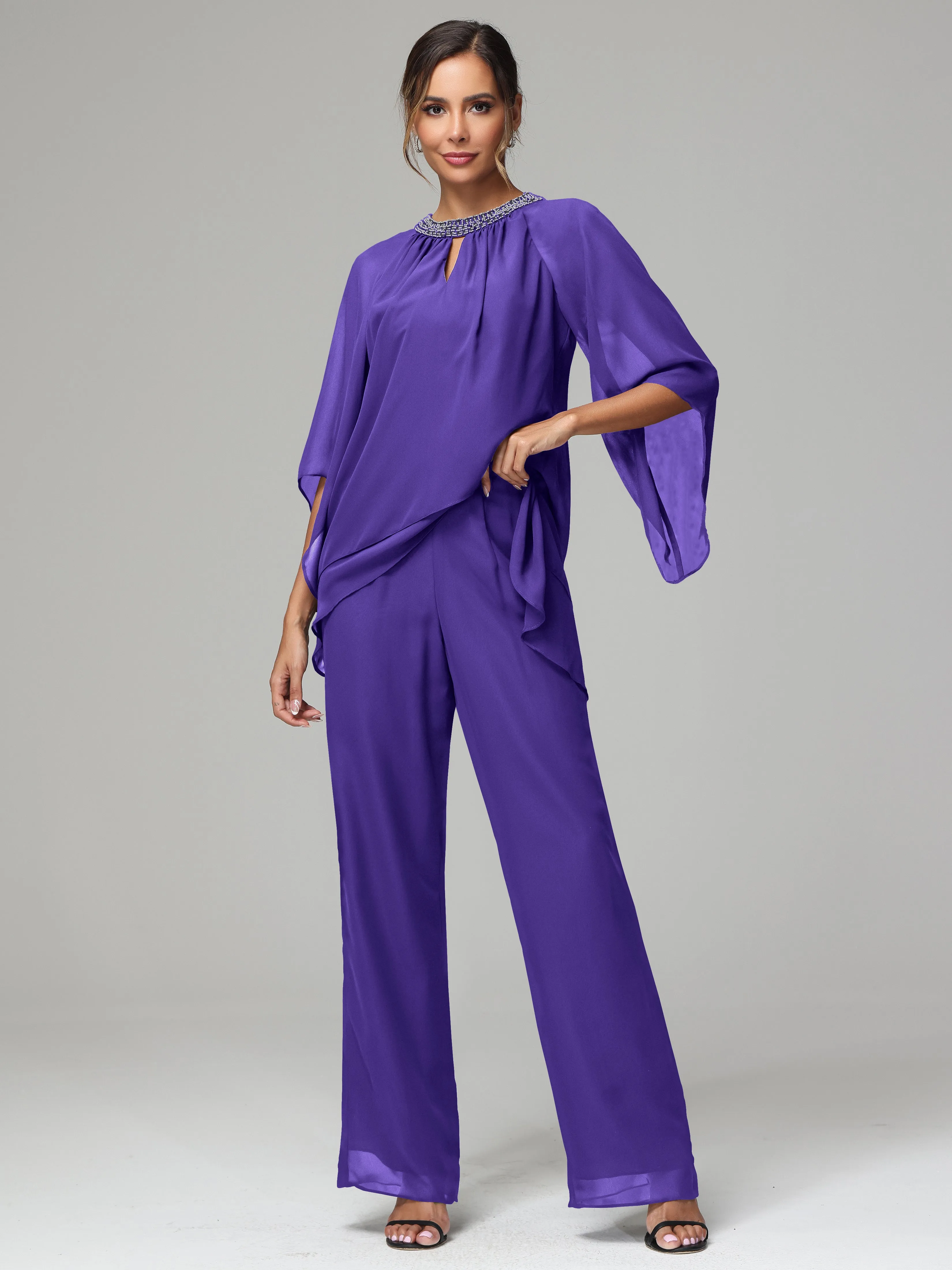 Long Sleeves Chiffon Mother Of The Bride Dress Pants Suits