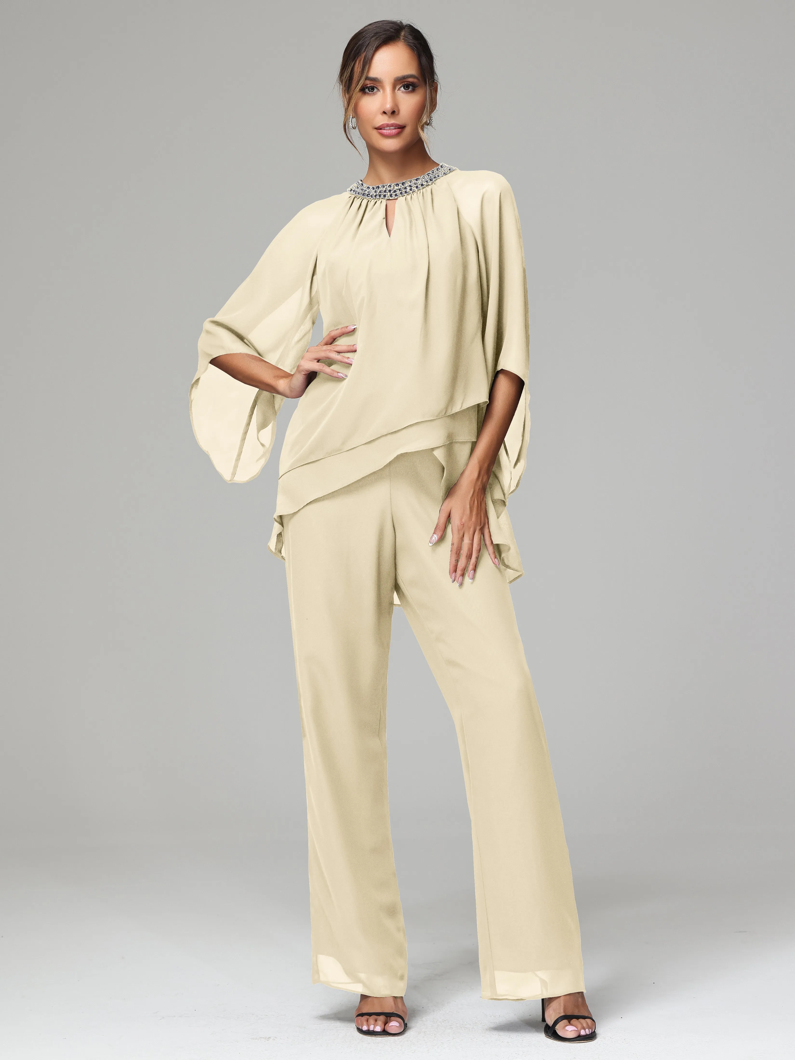 Long Sleeves Chiffon Mother Of The Bride Dress Pants Suits