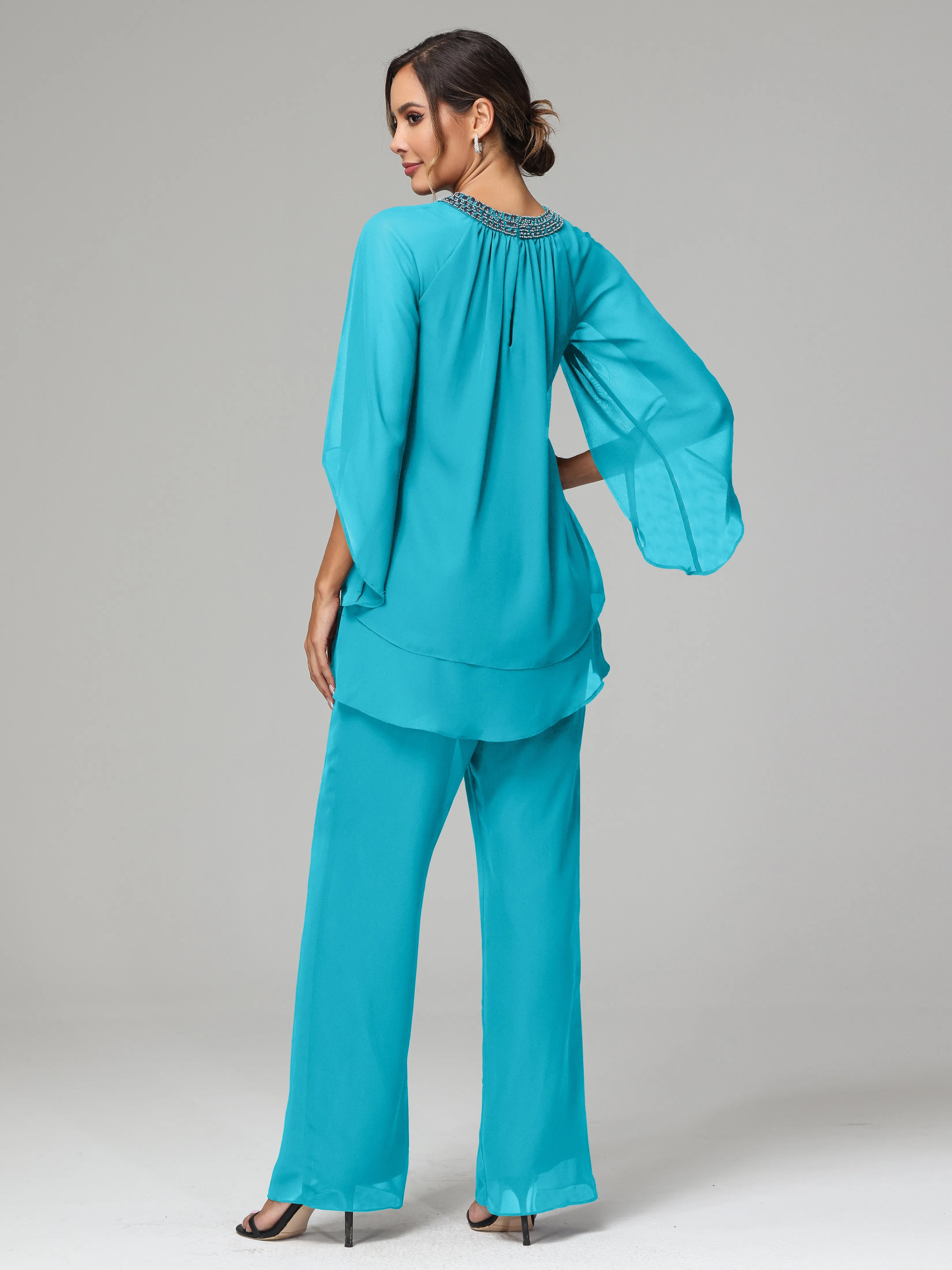 Long Sleeves Chiffon Mother Of The Bride Dress Pants Suits