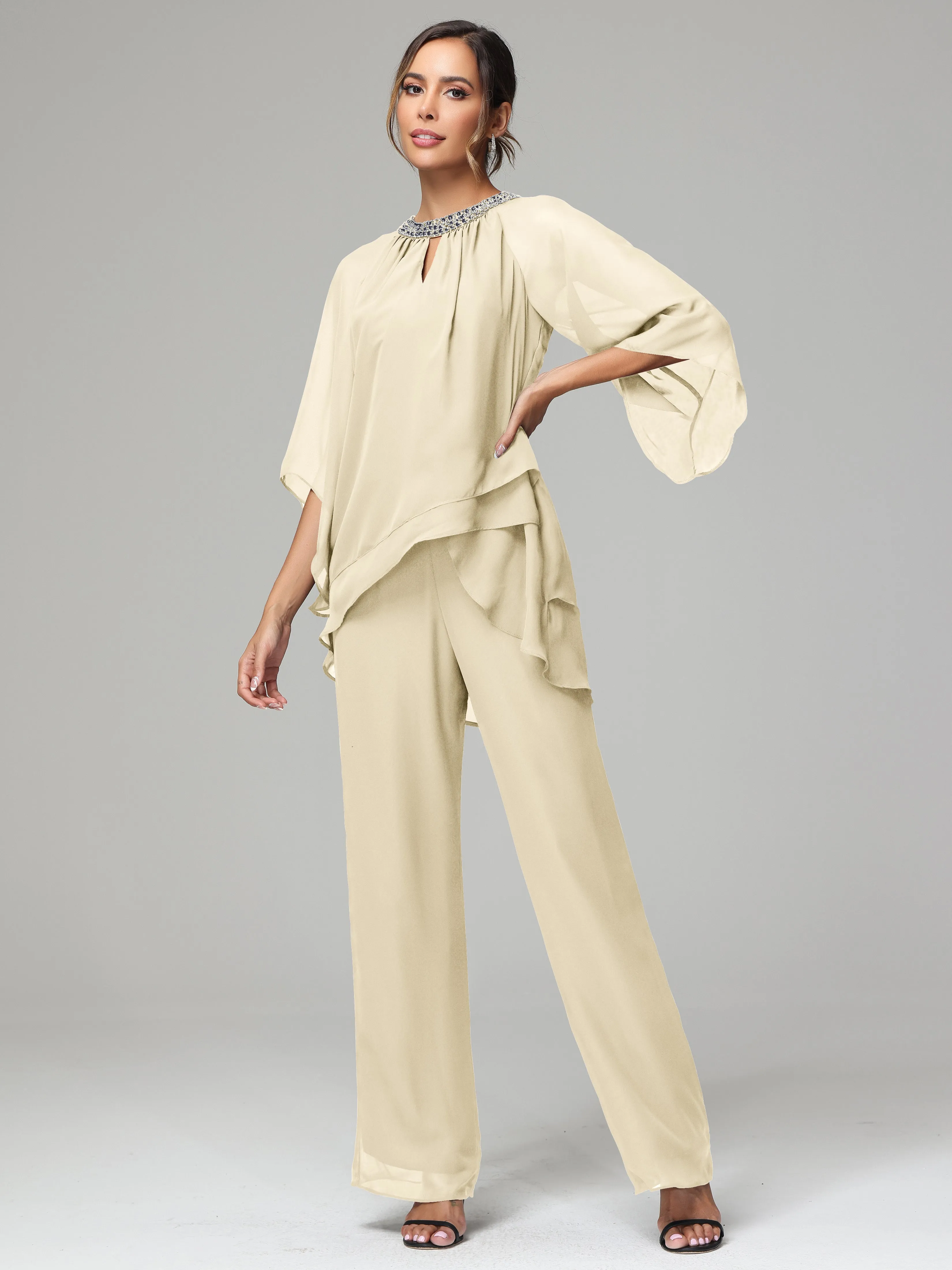 Long Sleeves Chiffon Mother Of The Bride Dress Pants Suits