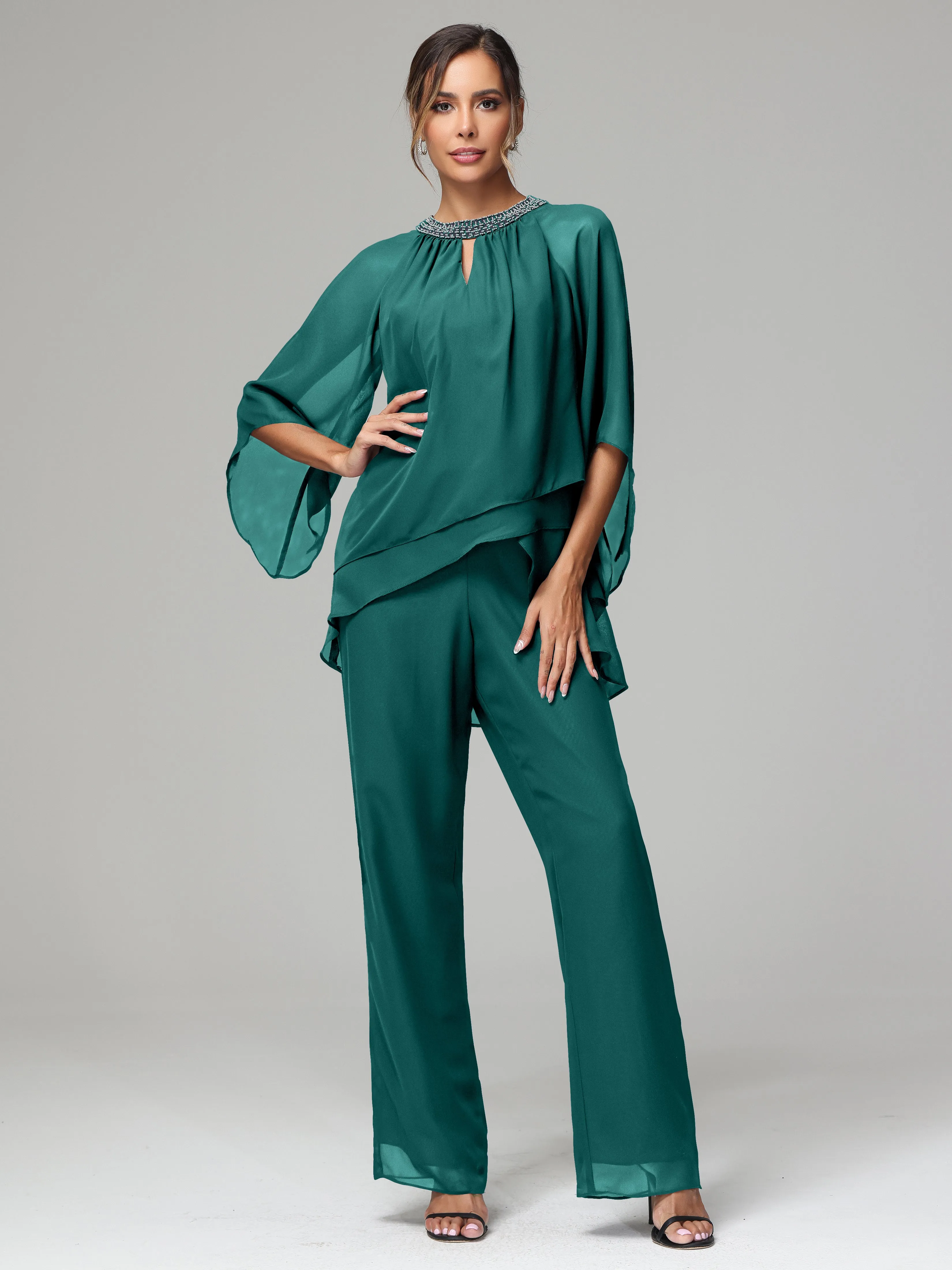 Long Sleeves Chiffon Mother Of The Bride Dress Pants Suits