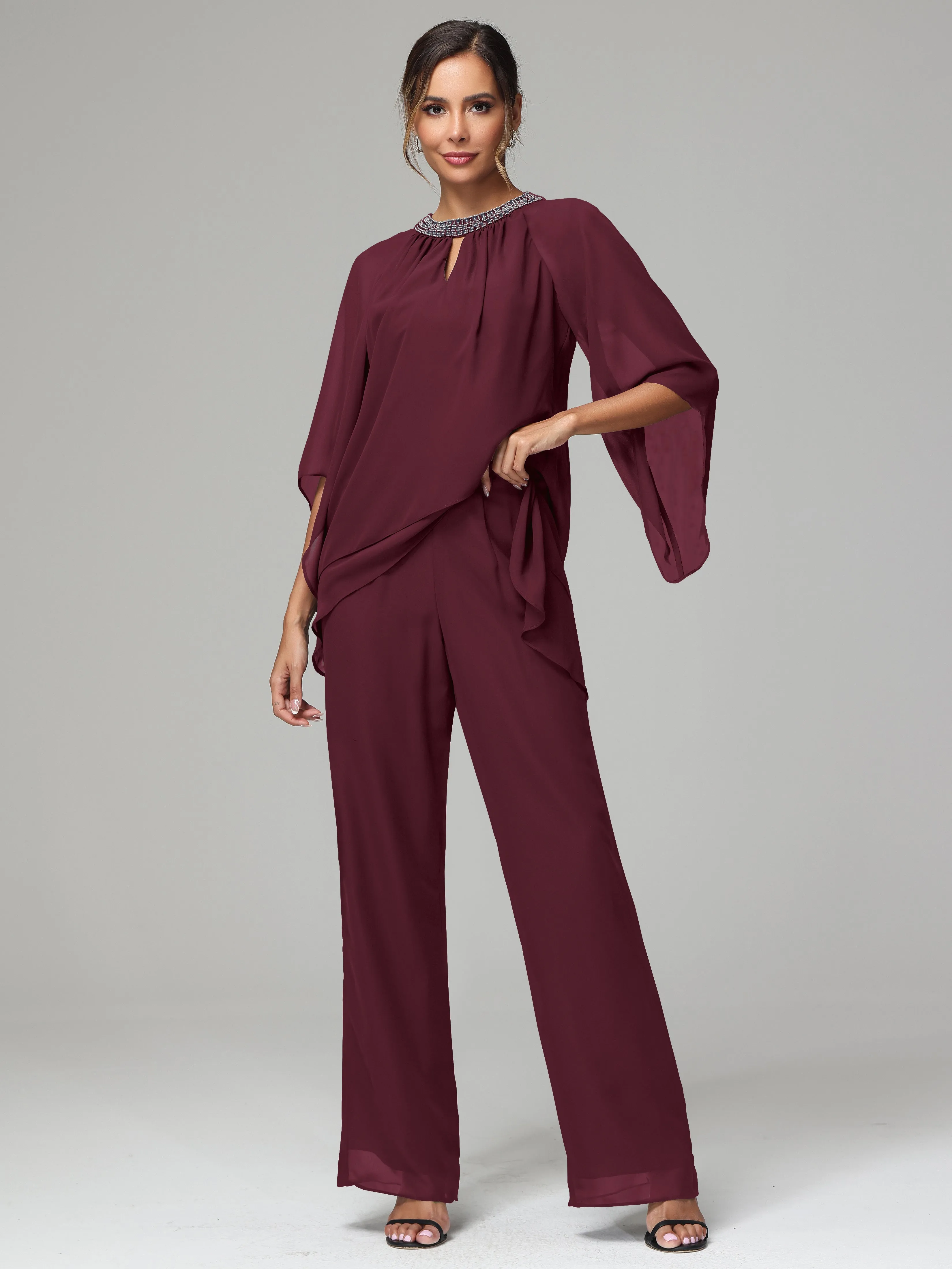 Long Sleeves Chiffon Mother Of The Bride Dress Pants Suits