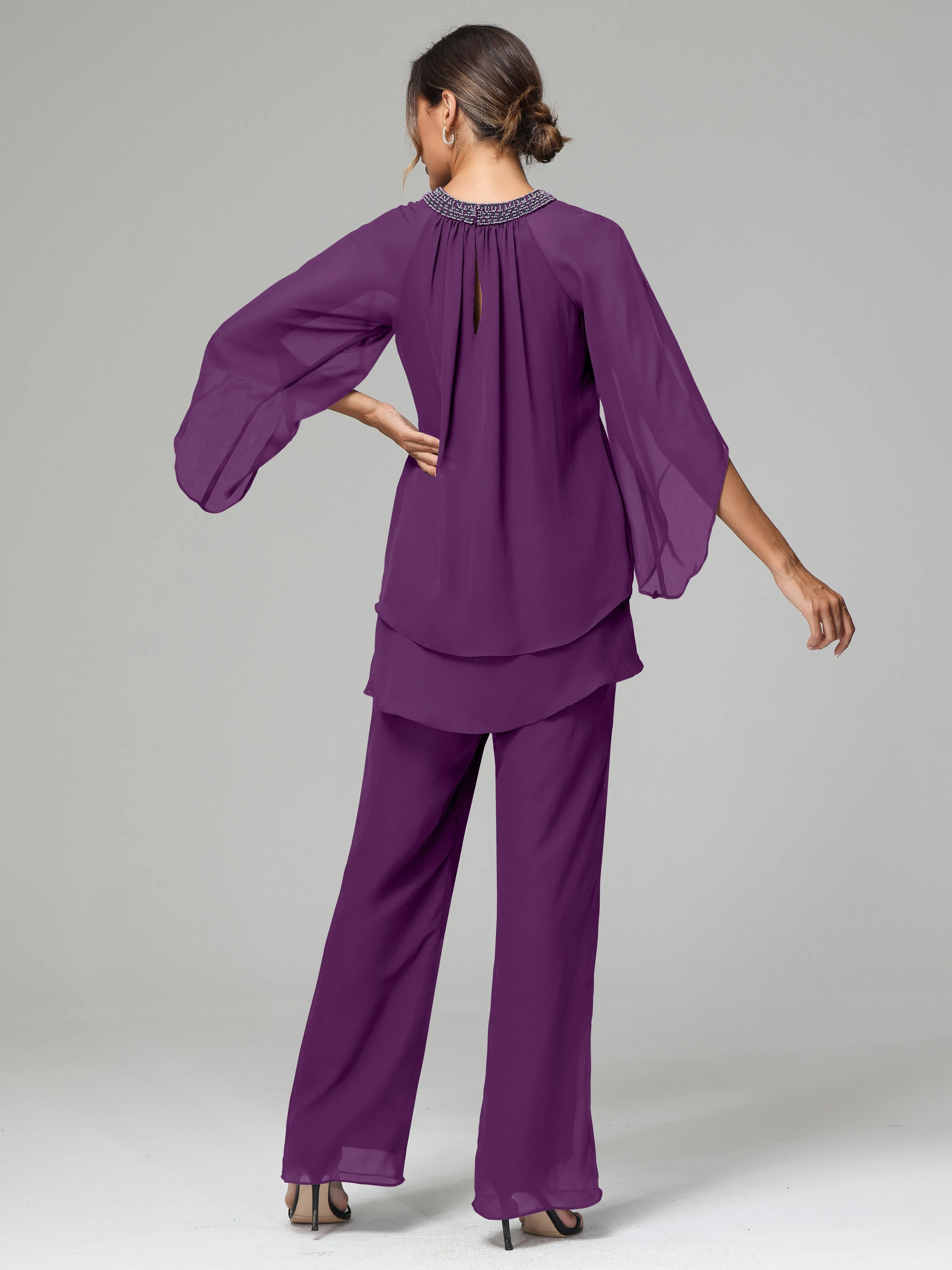 Long Sleeves Chiffon Mother Of The Bride Dress Pants Suits