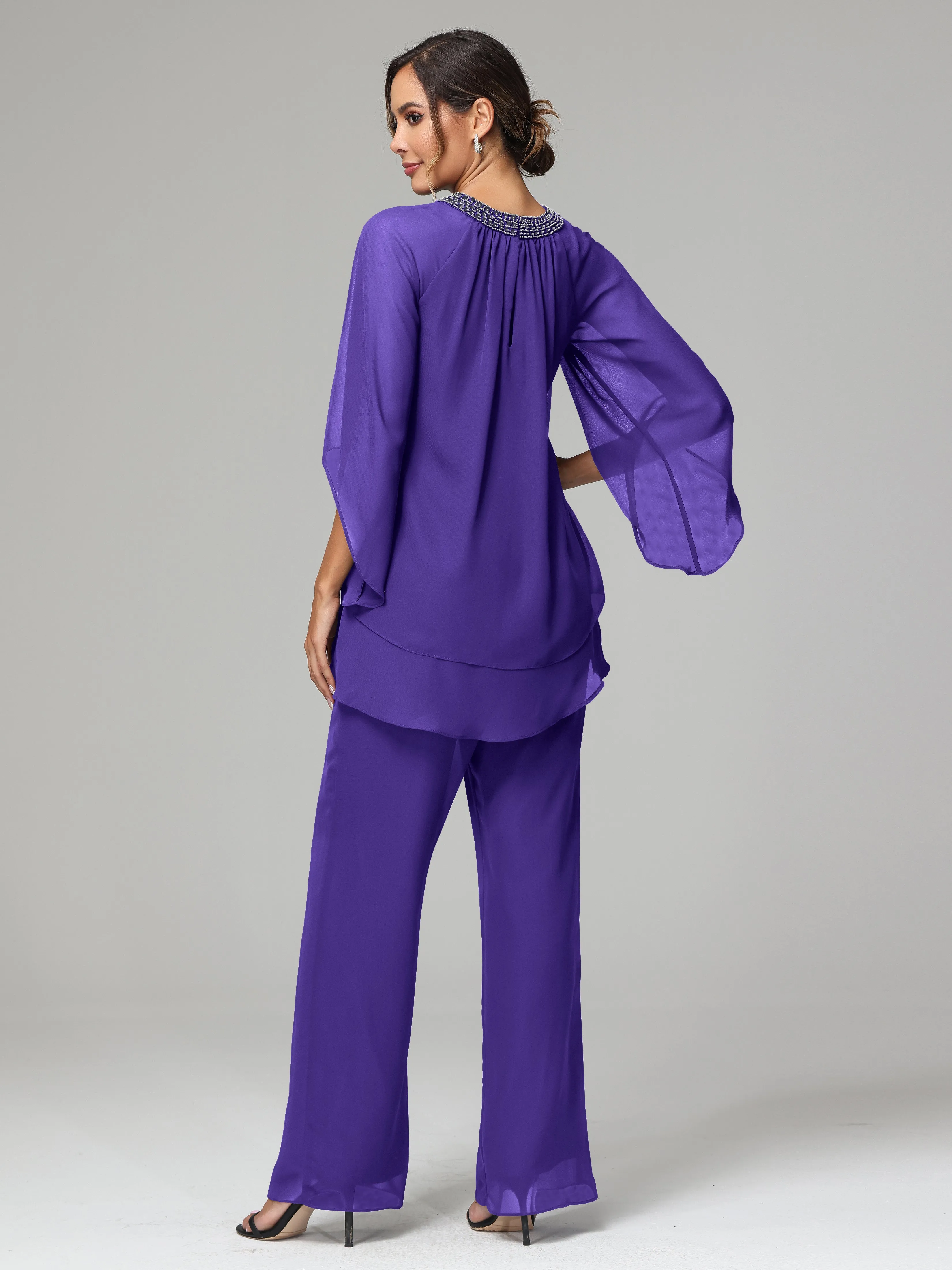 Long Sleeves Chiffon Mother Of The Bride Dress Pants Suits