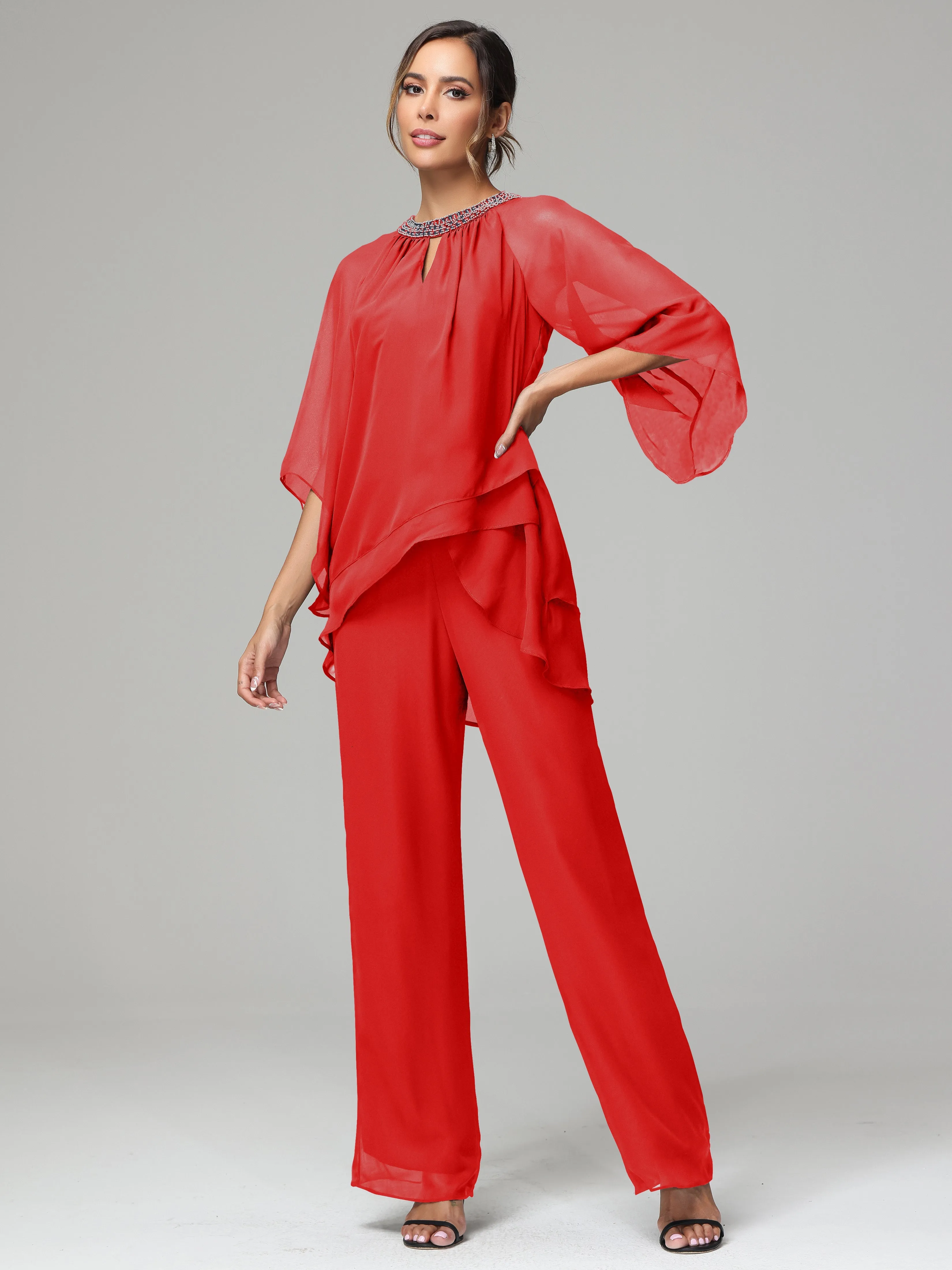 Long Sleeves Chiffon Mother Of The Bride Dress Pants Suits