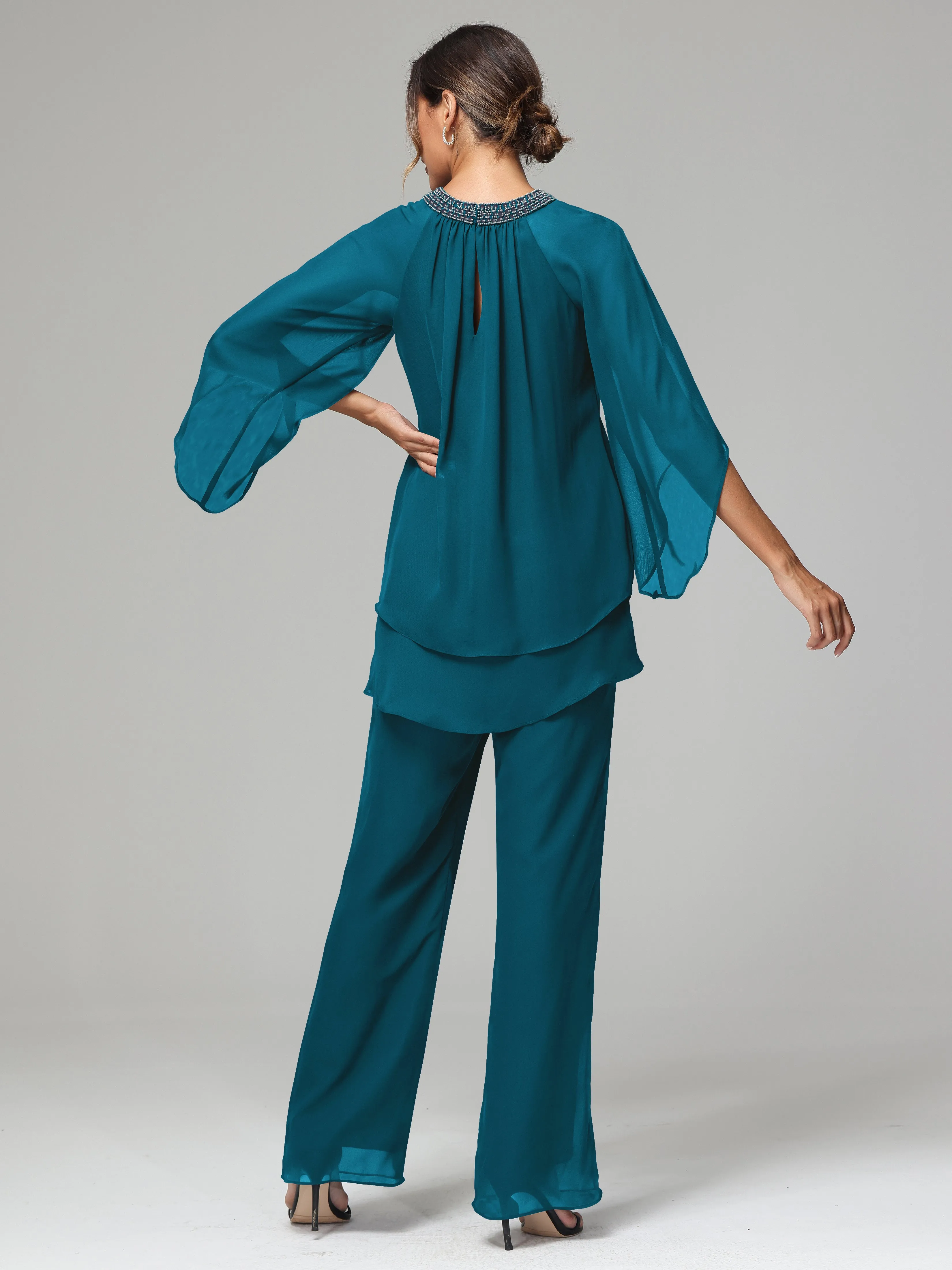 Long Sleeves Chiffon Mother Of The Bride Dress Pants Suits