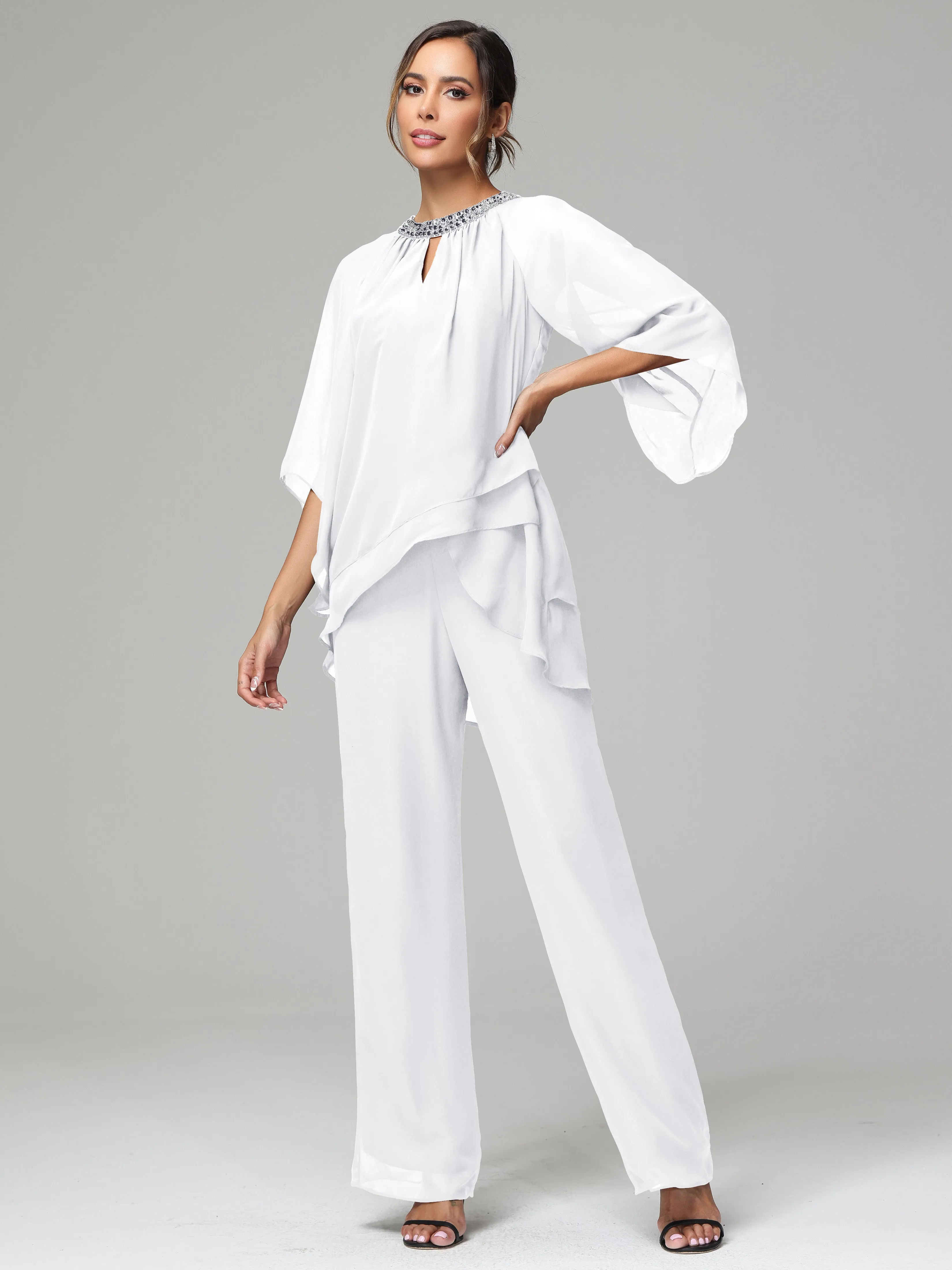 Long Sleeves Chiffon Mother Of The Bride Dress Pants Suits