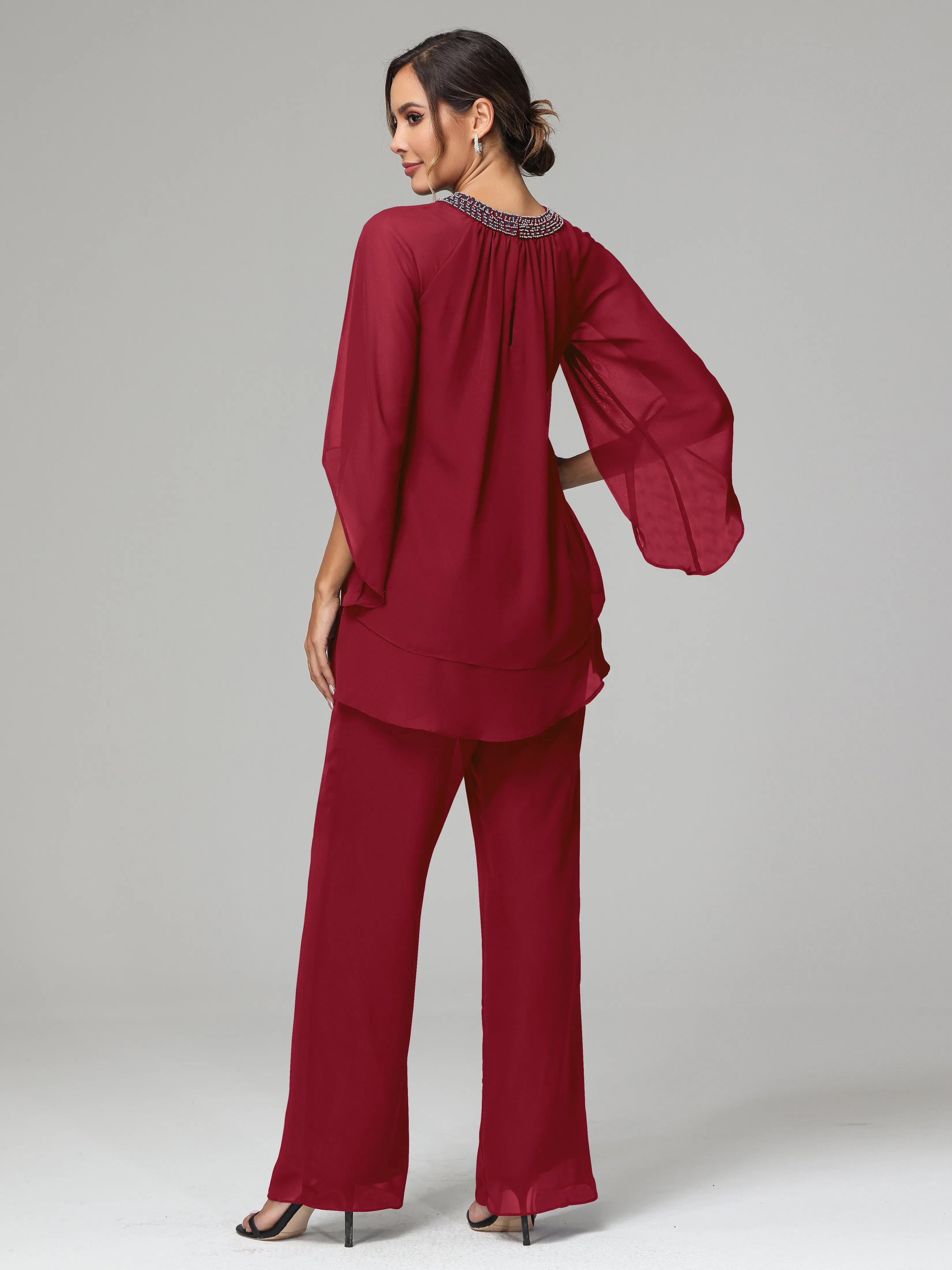 Long Sleeves Chiffon Mother Of The Bride Dress Pants Suits