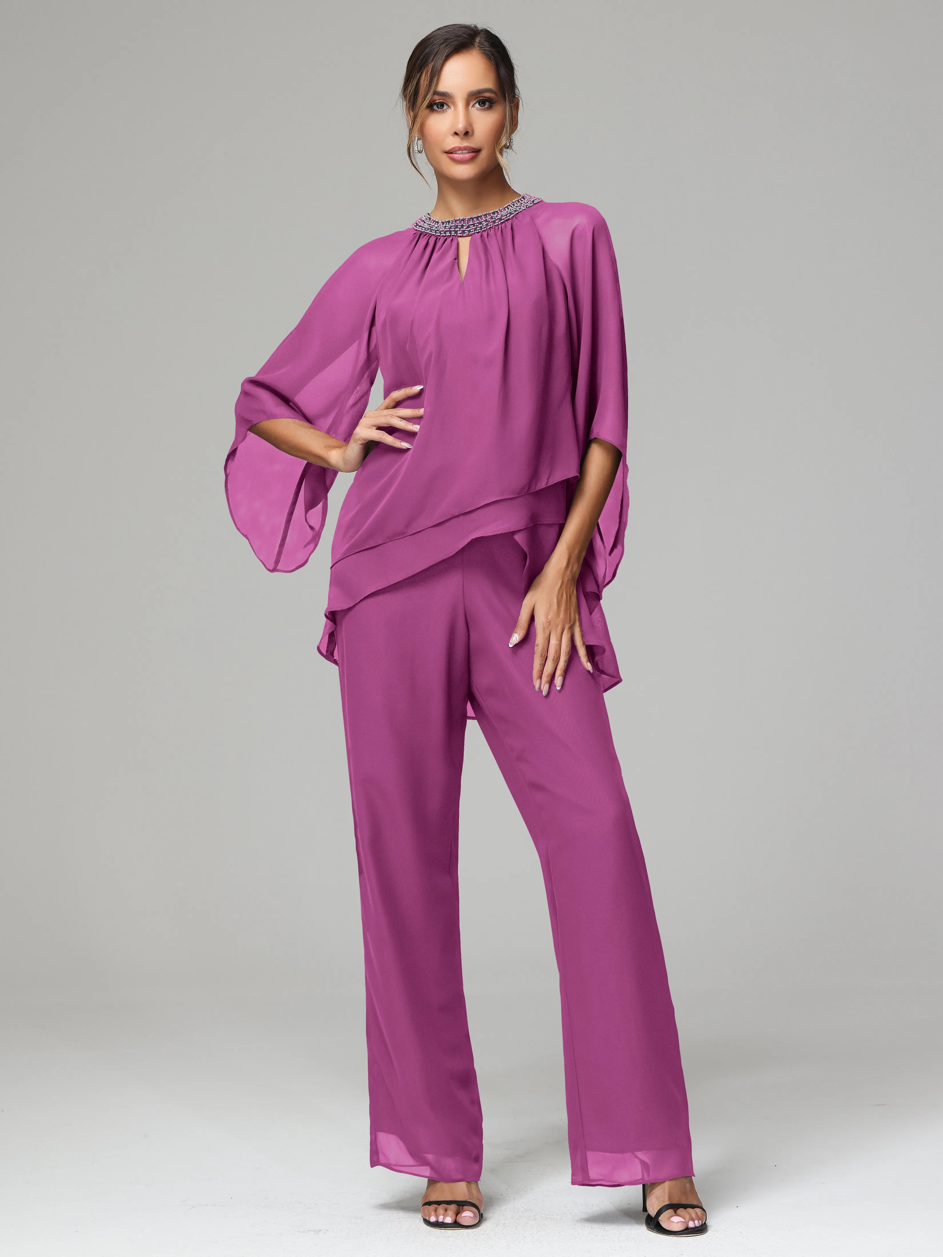 Long Sleeves Chiffon Mother Of The Bride Dress Pants Suits
