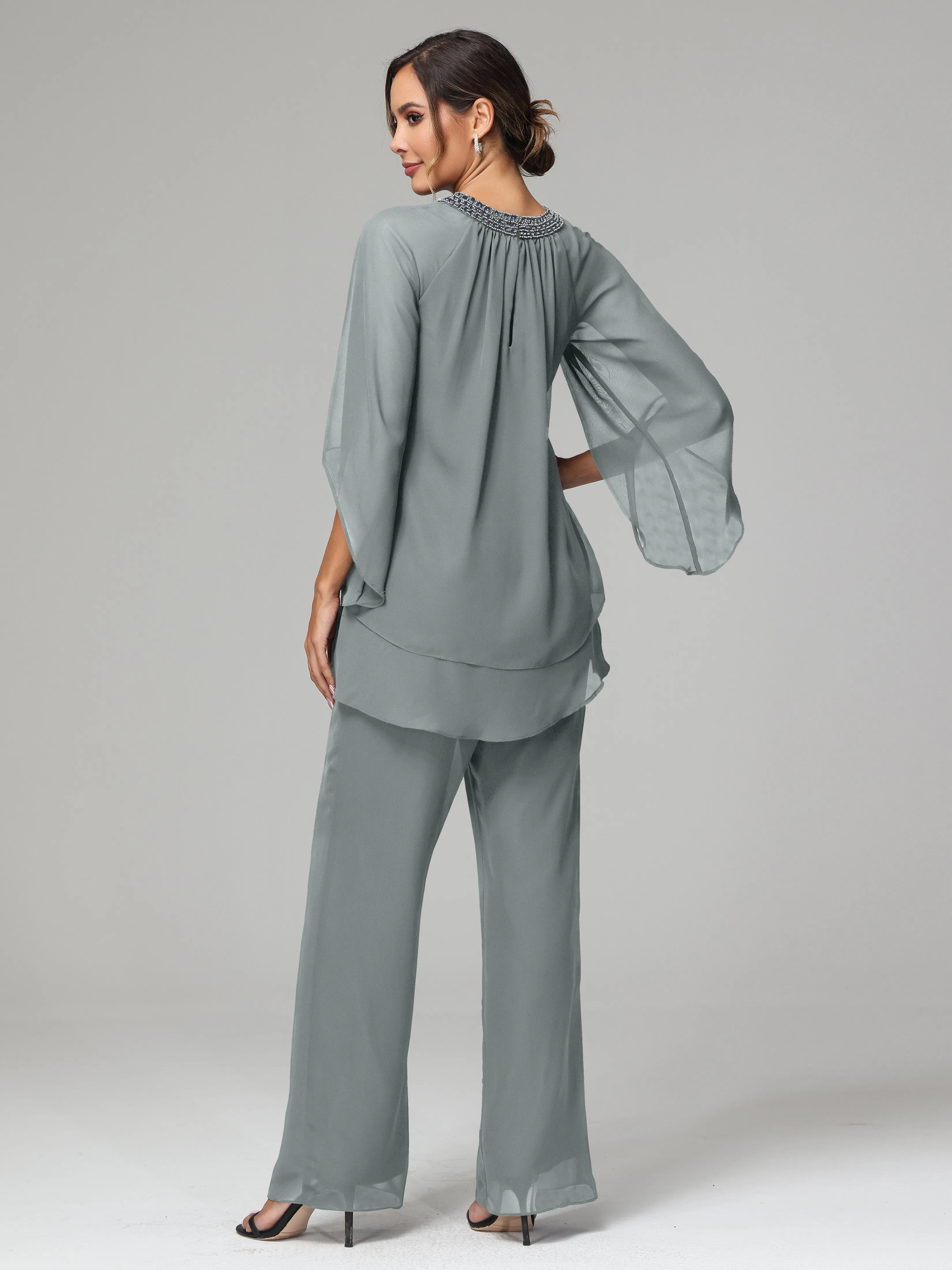 Long Sleeves Chiffon Mother Of The Bride Dress Pants Suits