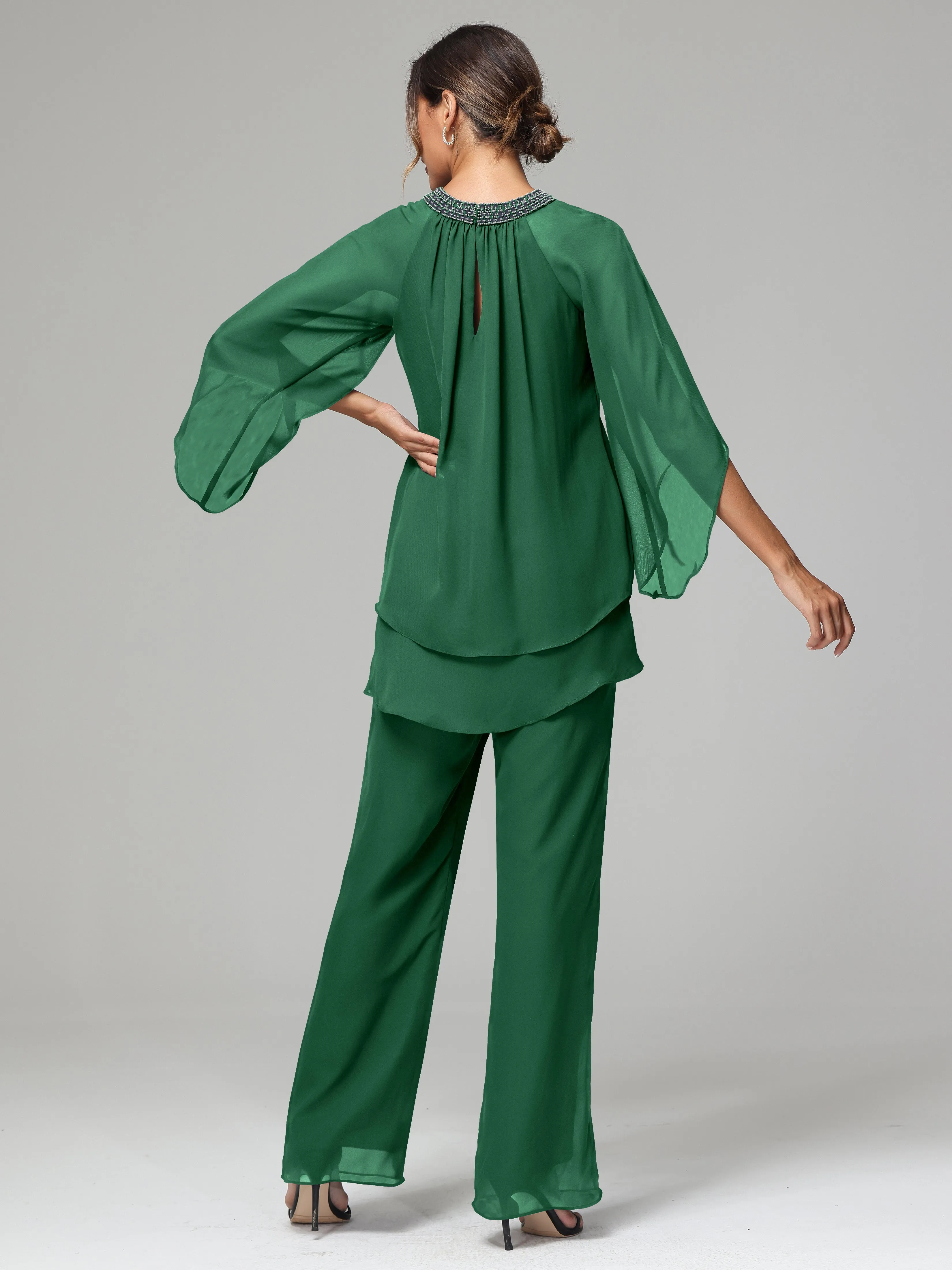 Long Sleeves Chiffon Mother Of The Bride Dress Pants Suits