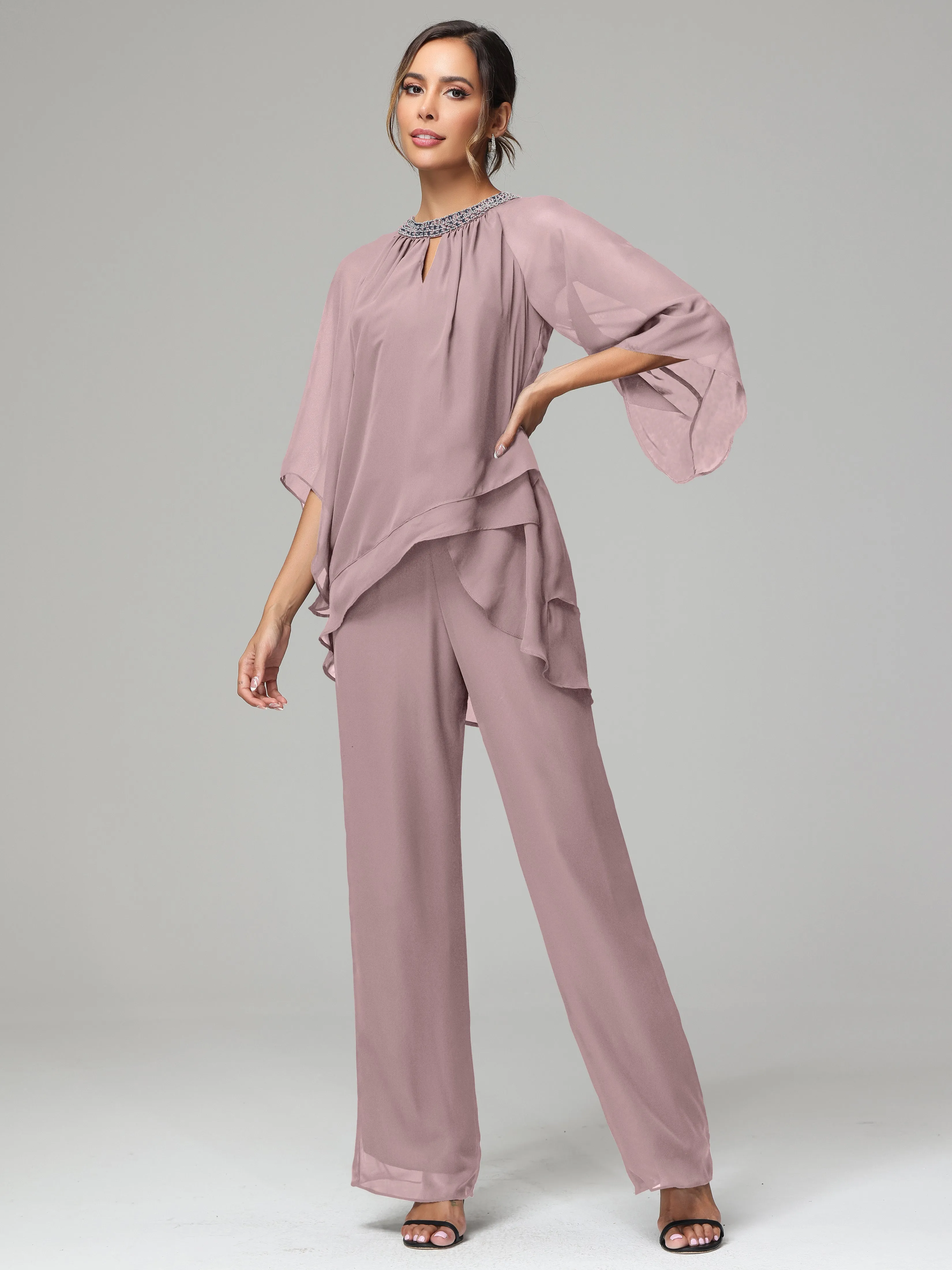 Long Sleeves Chiffon Mother Of The Bride Dress Pants Suits