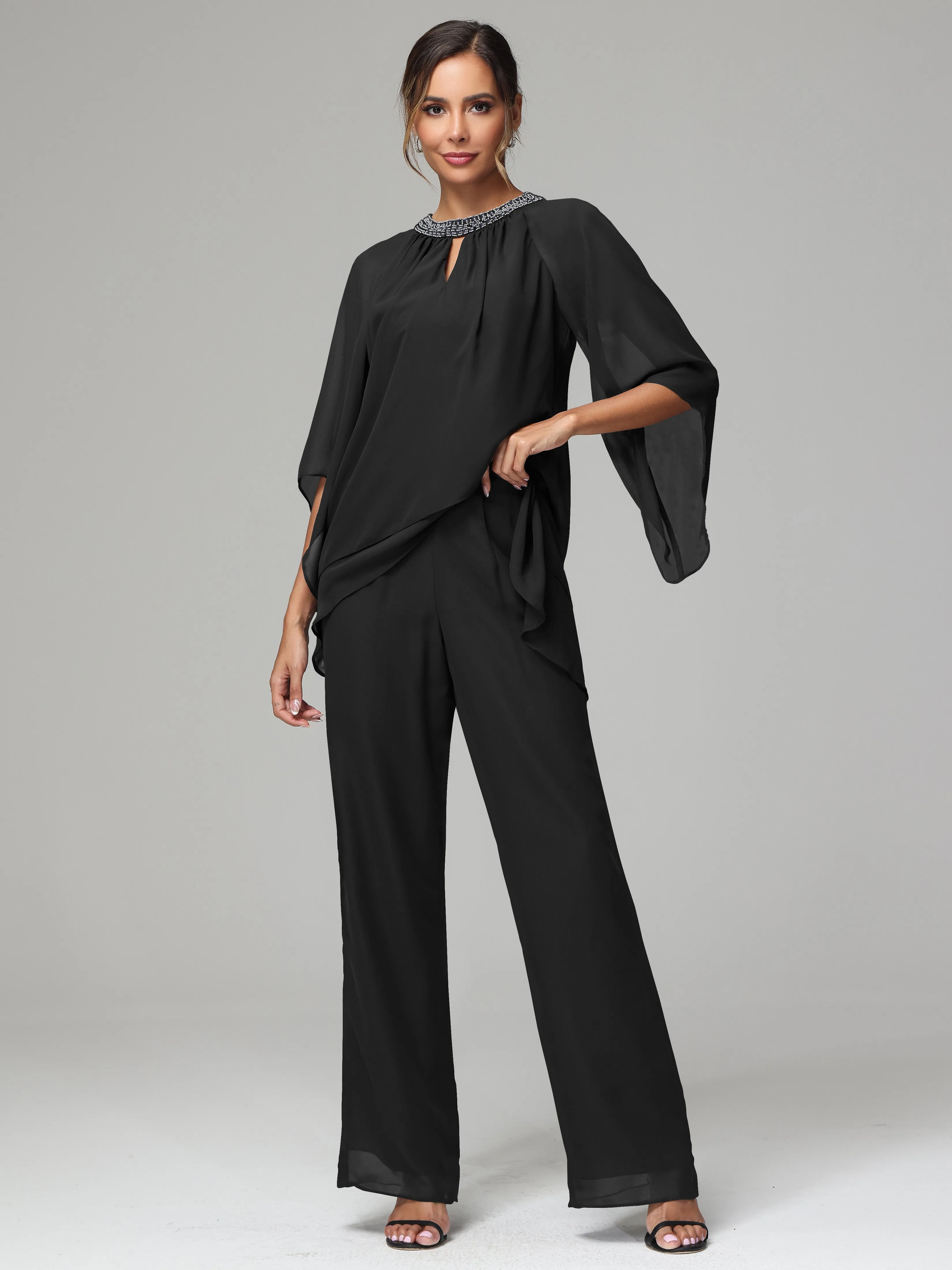 Long Sleeves Chiffon Mother Of The Bride Dress Pants Suits