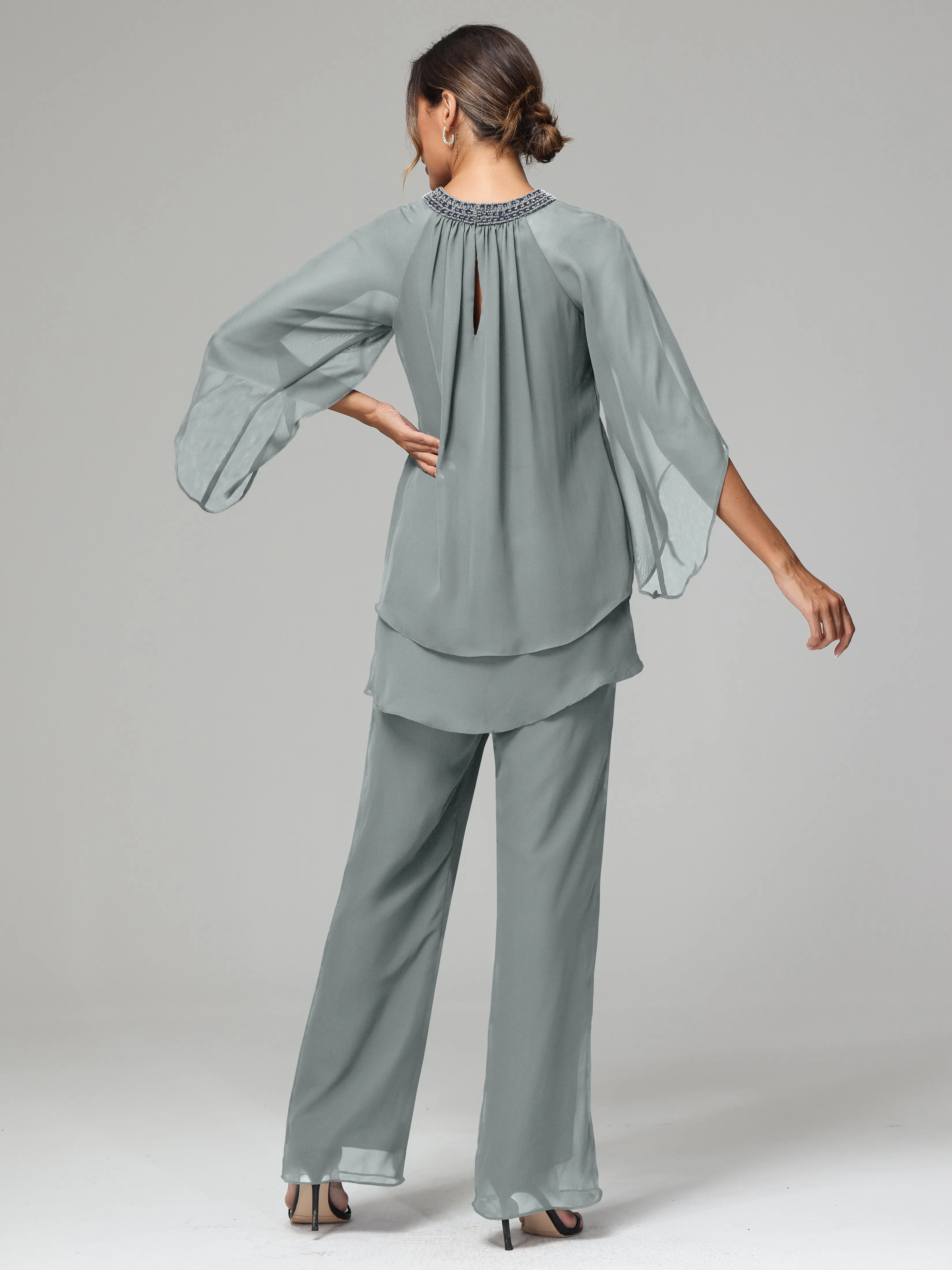 Long Sleeves Chiffon Mother Of The Bride Dress Pants Suits