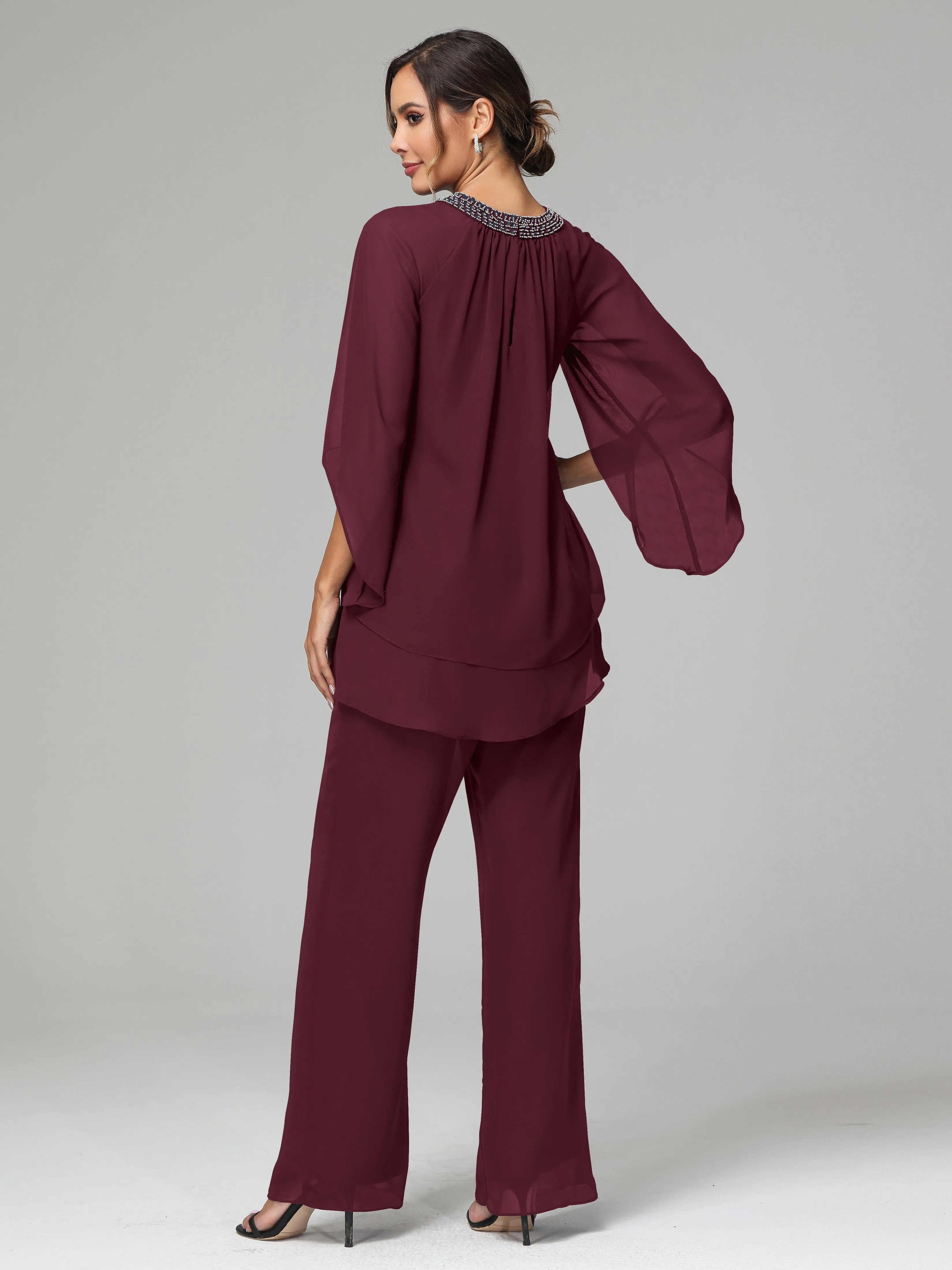 Long Sleeves Chiffon Mother Of The Bride Dress Pants Suits