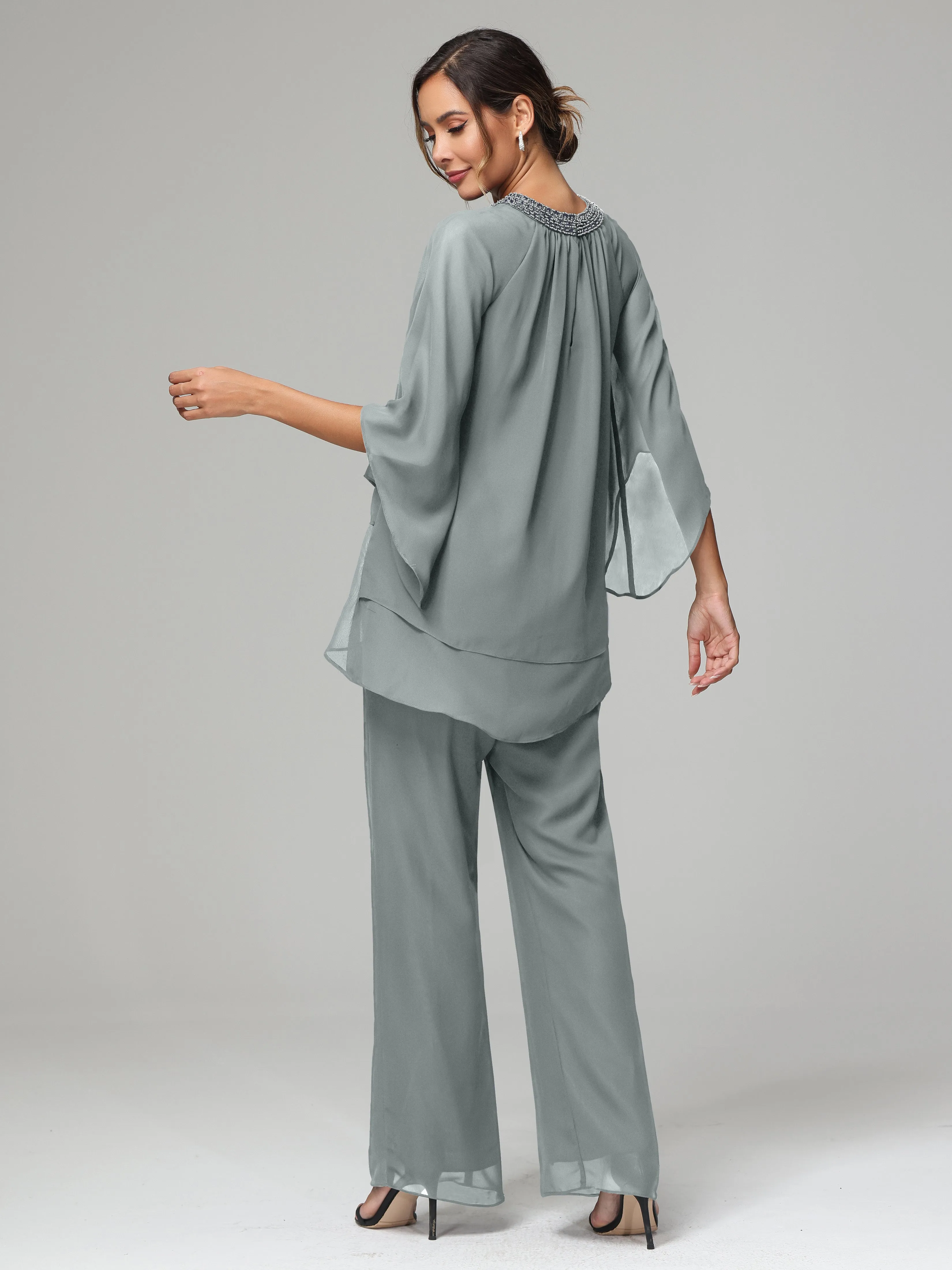 Long Sleeves Chiffon Mother Of The Bride Dress Pants Suits