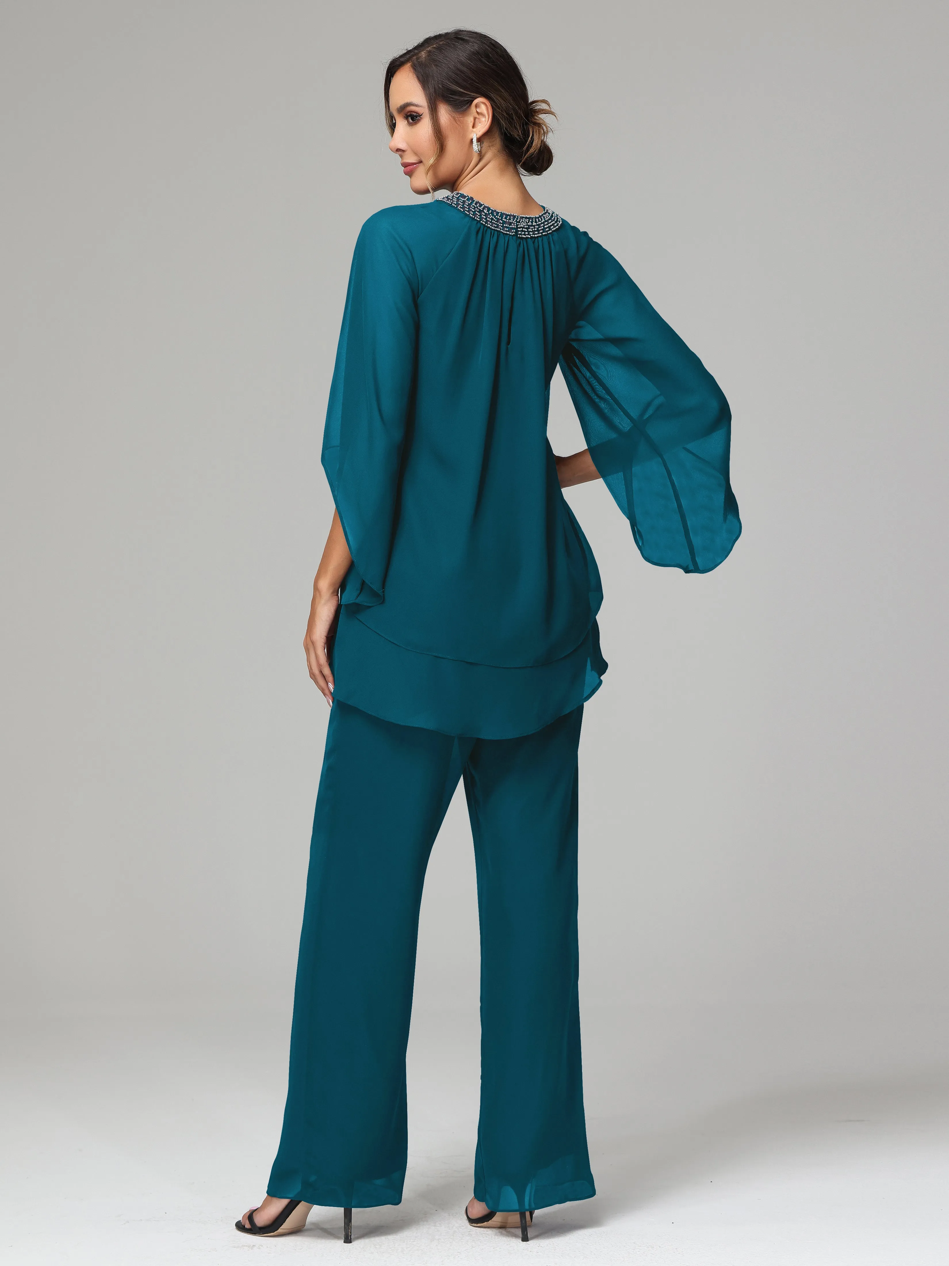 Long Sleeves Chiffon Mother Of The Bride Dress Pants Suits