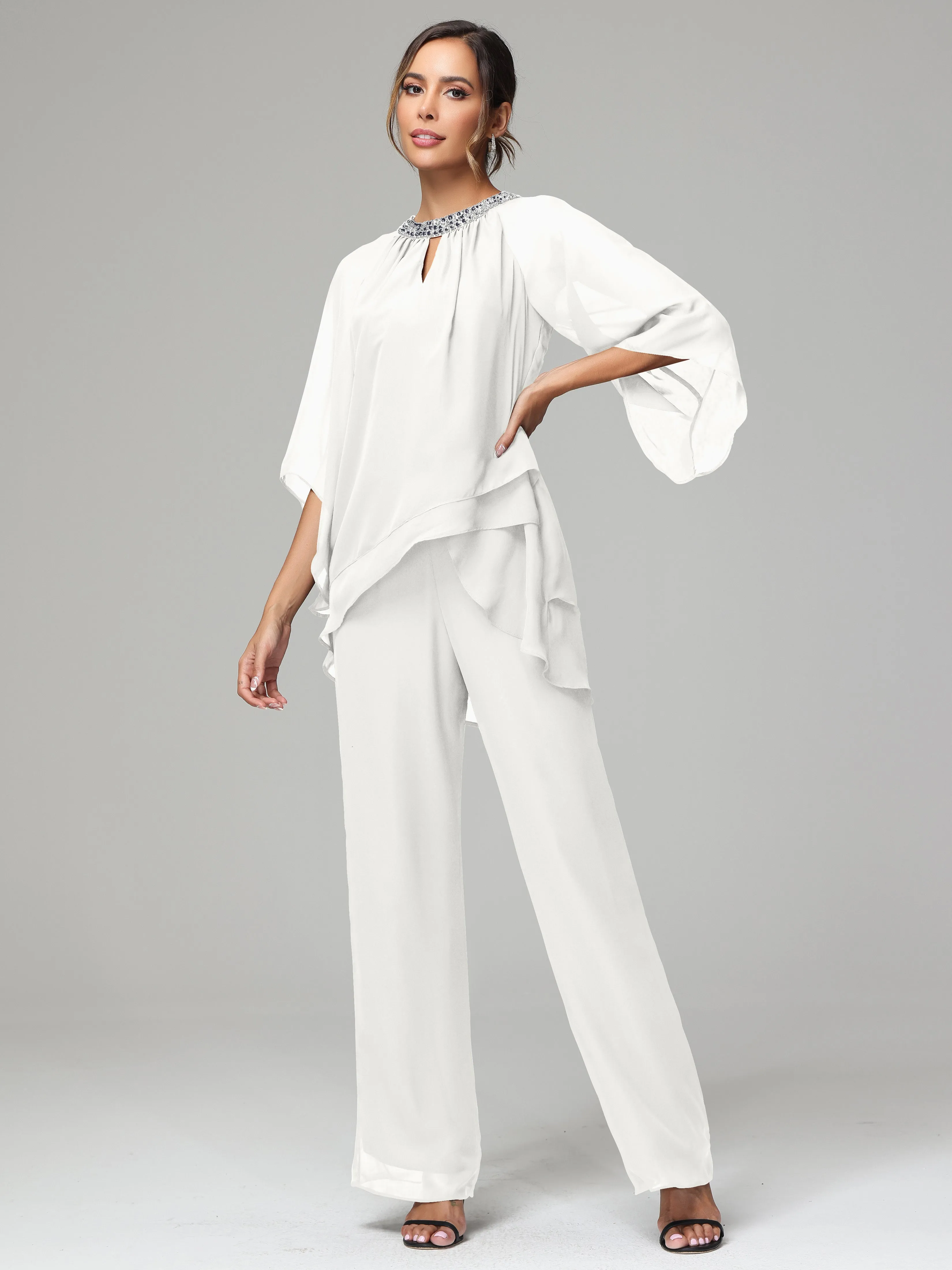 Long Sleeves Chiffon Mother Of The Bride Dress Pants Suits