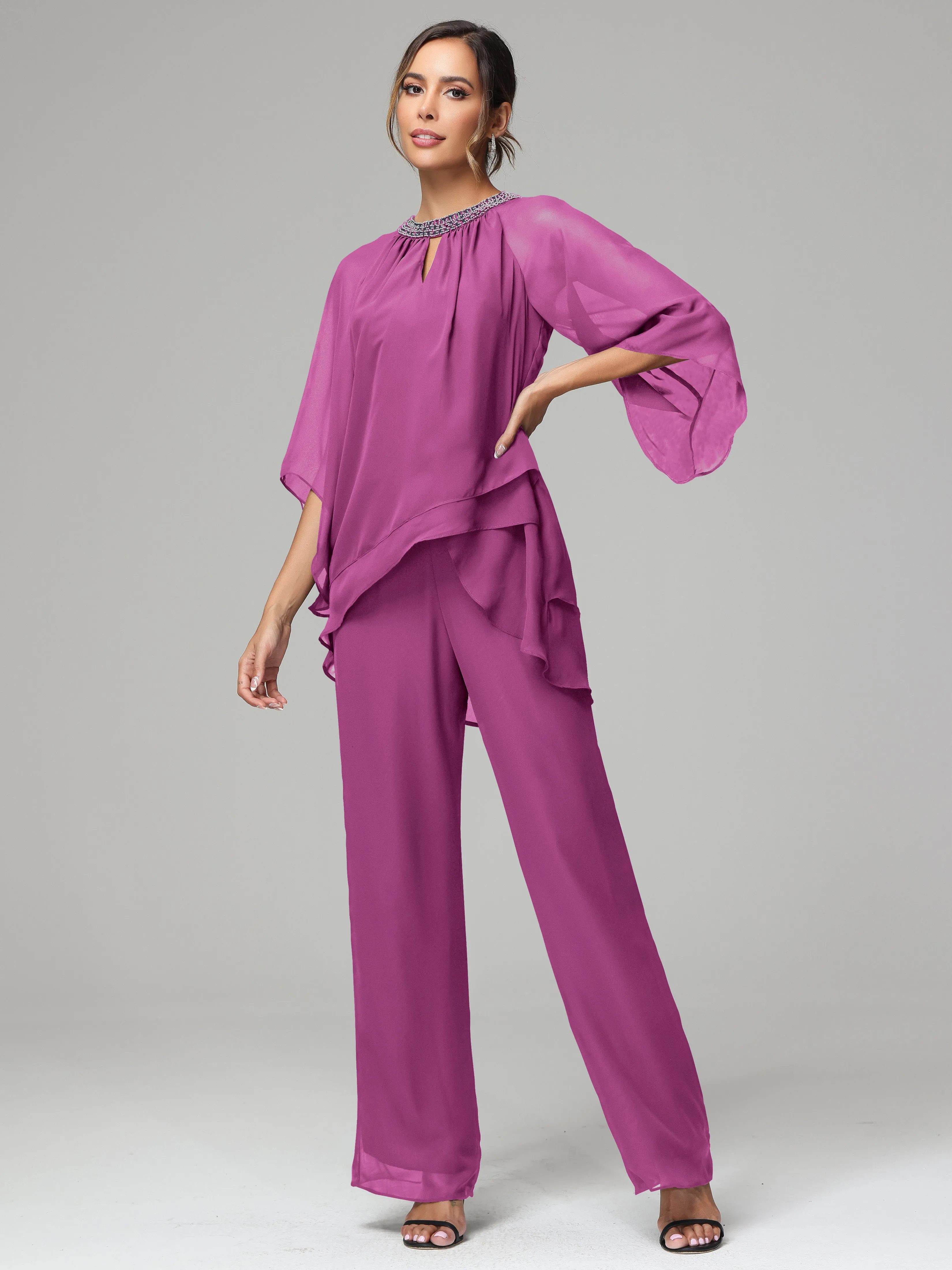 Long Sleeves Chiffon Mother Of The Bride Dress Pants Suits