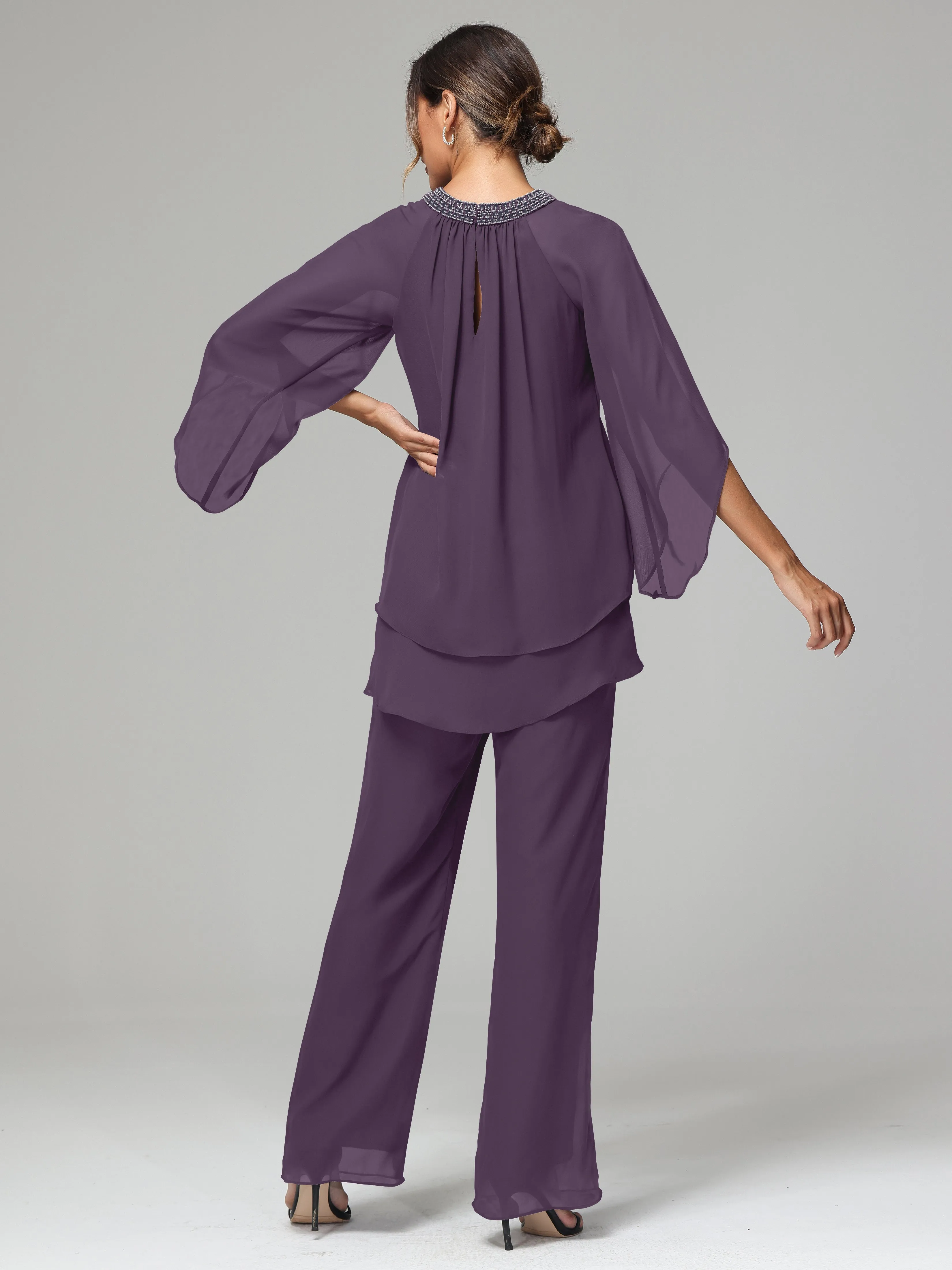 Long Sleeves Chiffon Mother Of The Bride Dress Pants Suits