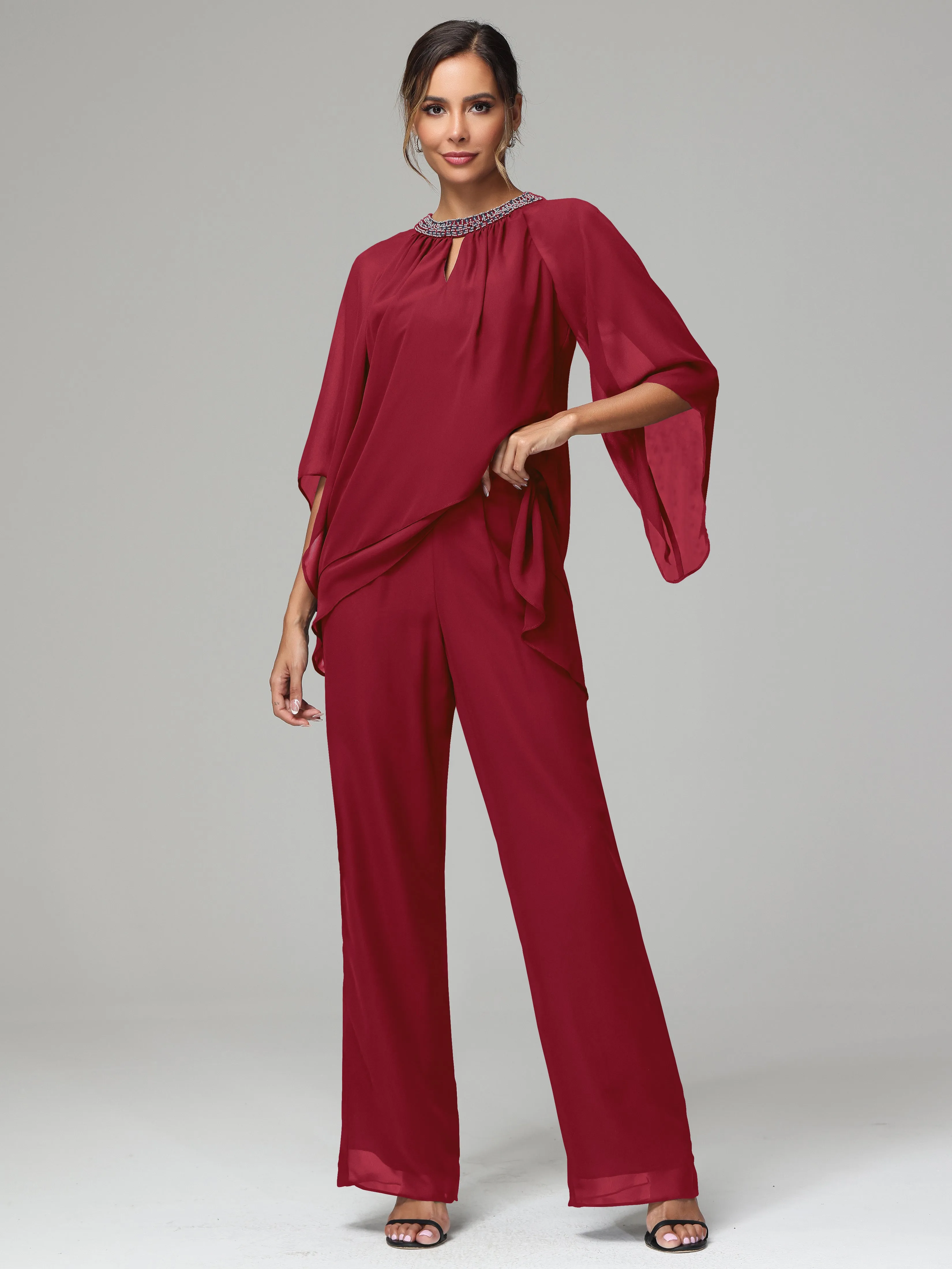 Long Sleeves Chiffon Mother Of The Bride Dress Pants Suits