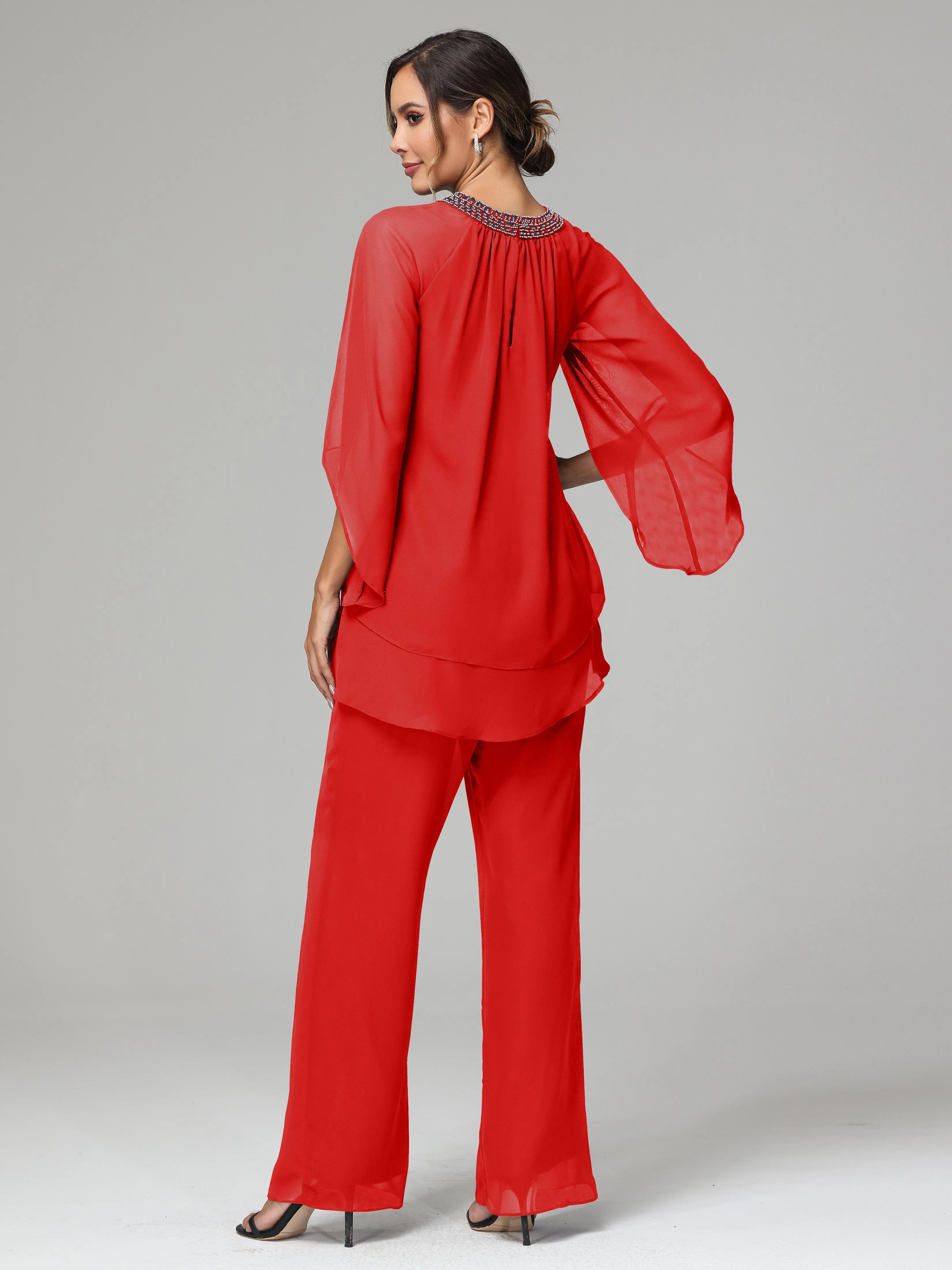 Long Sleeves Chiffon Mother Of The Bride Dress Pants Suits