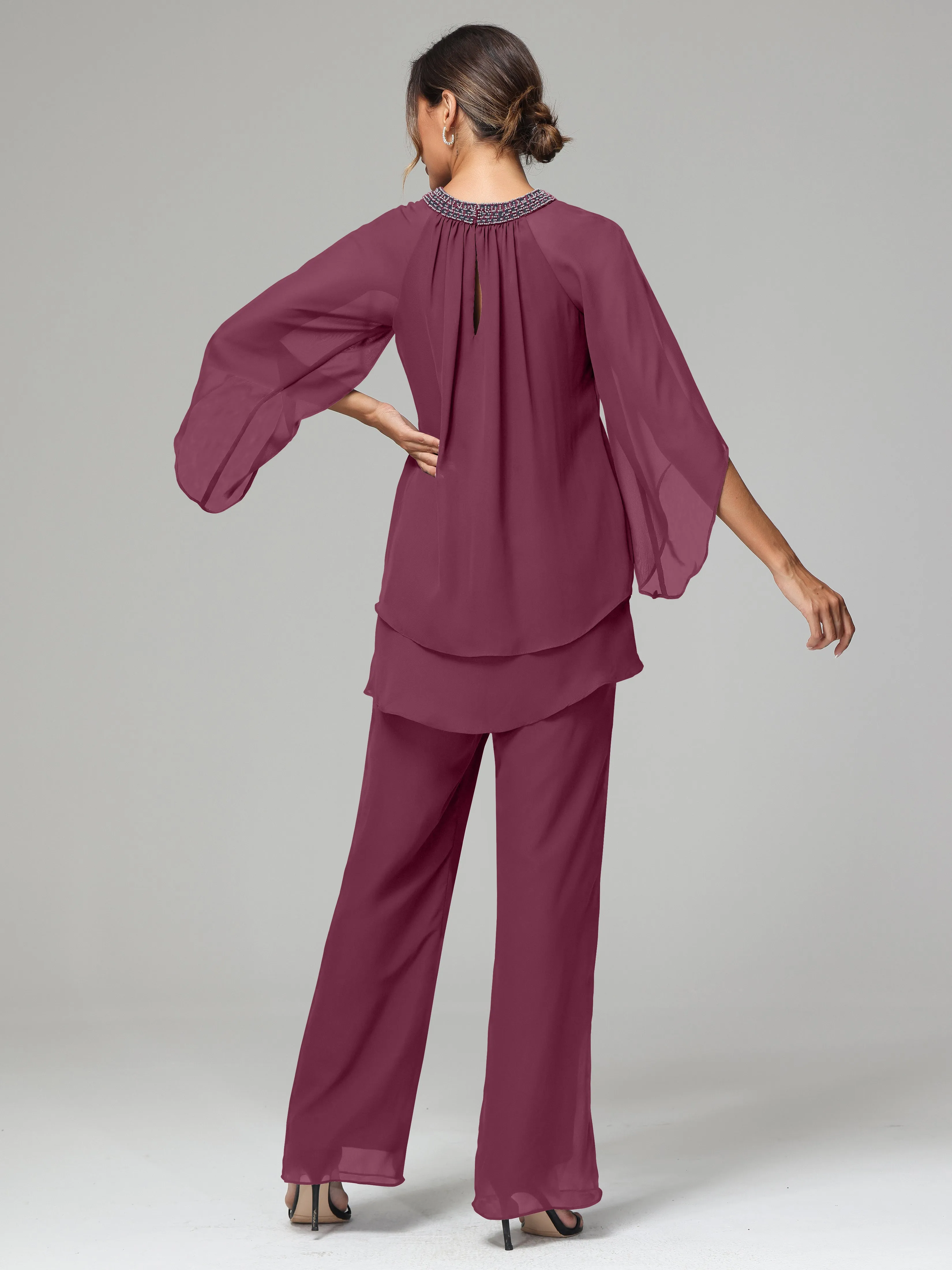 Long Sleeves Chiffon Mother Of The Bride Dress Pants Suits