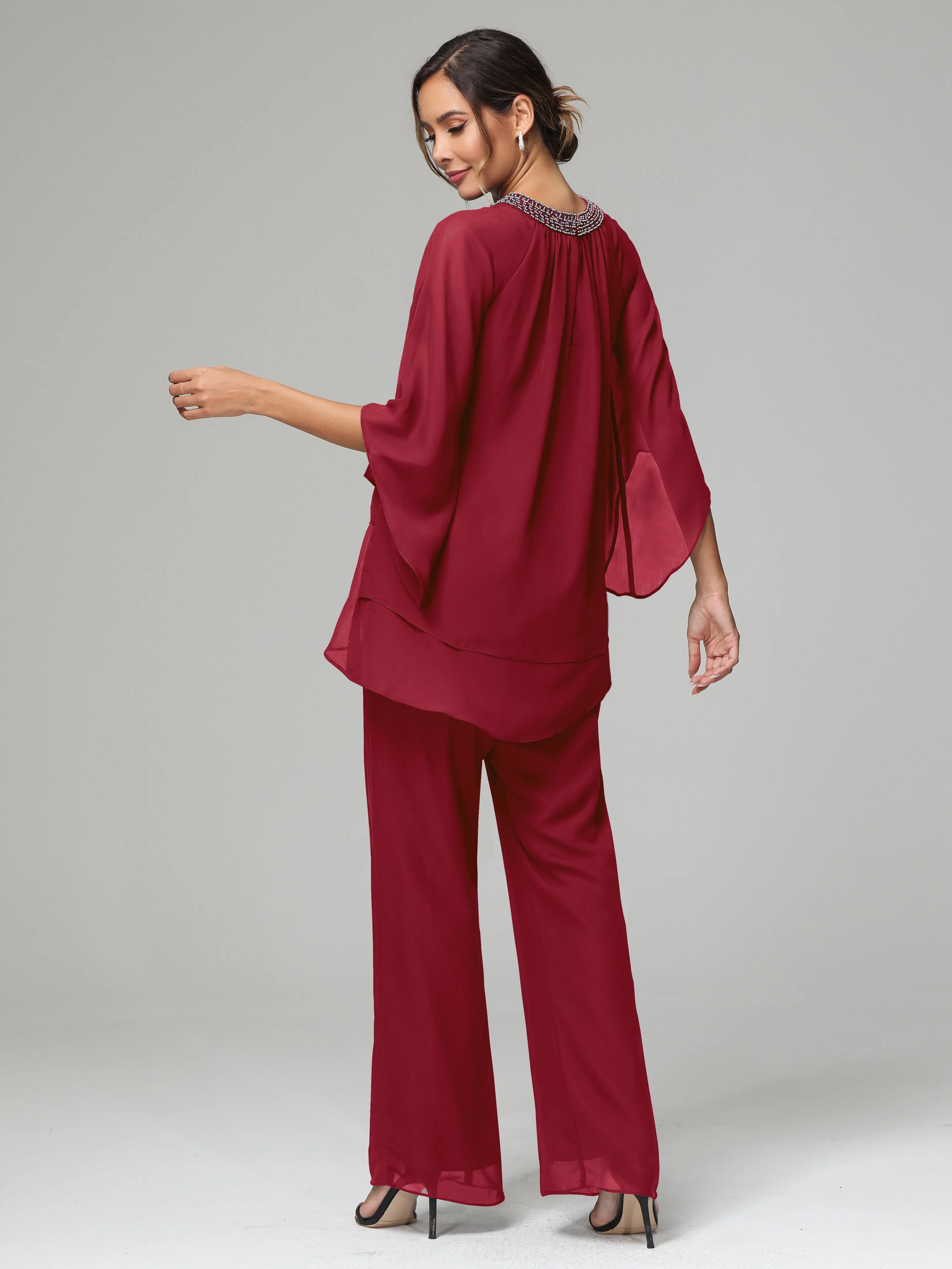Long Sleeves Chiffon Mother Of The Bride Dress Pants Suits