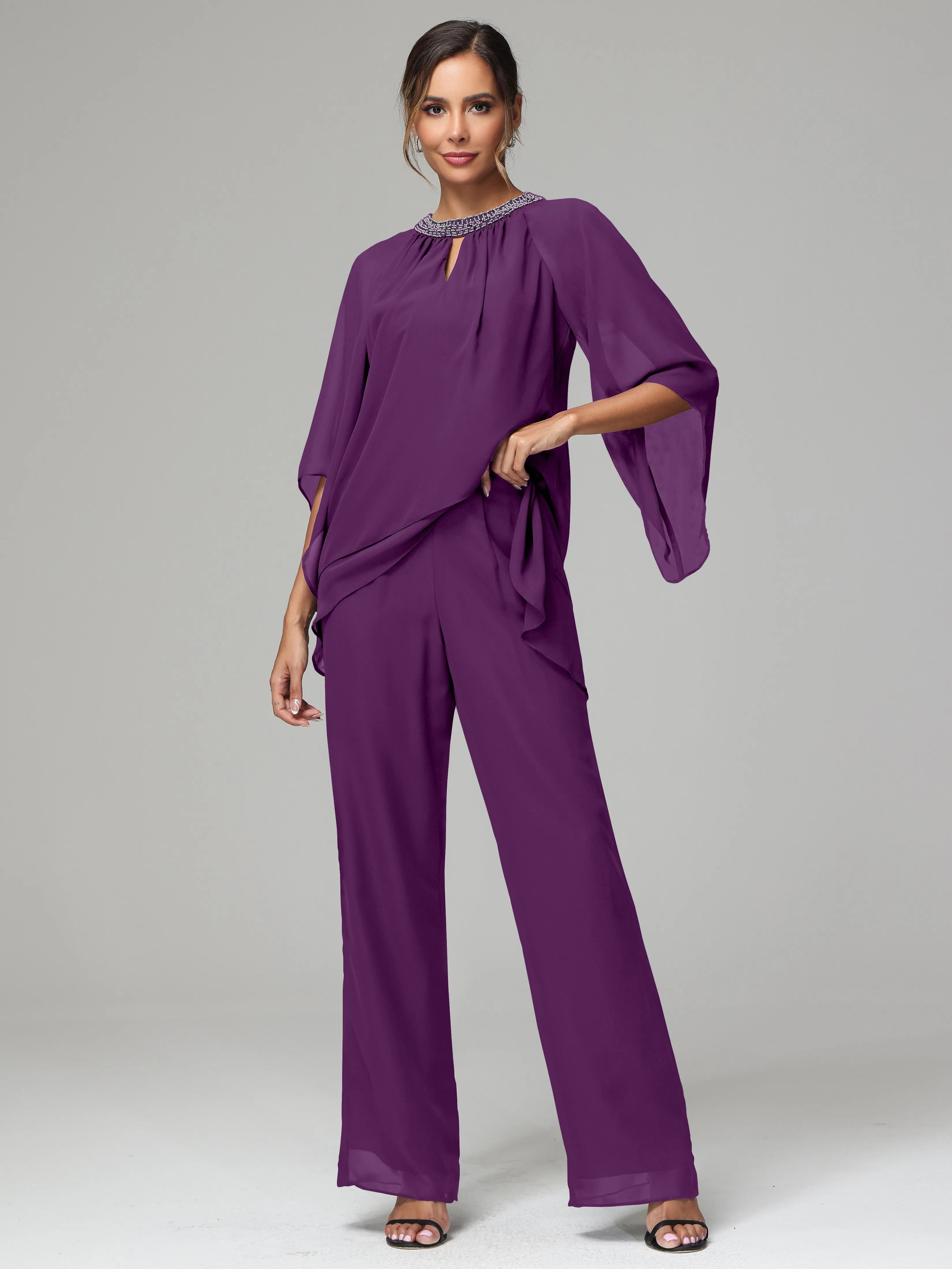 Long Sleeves Chiffon Mother Of The Bride Dress Pants Suits