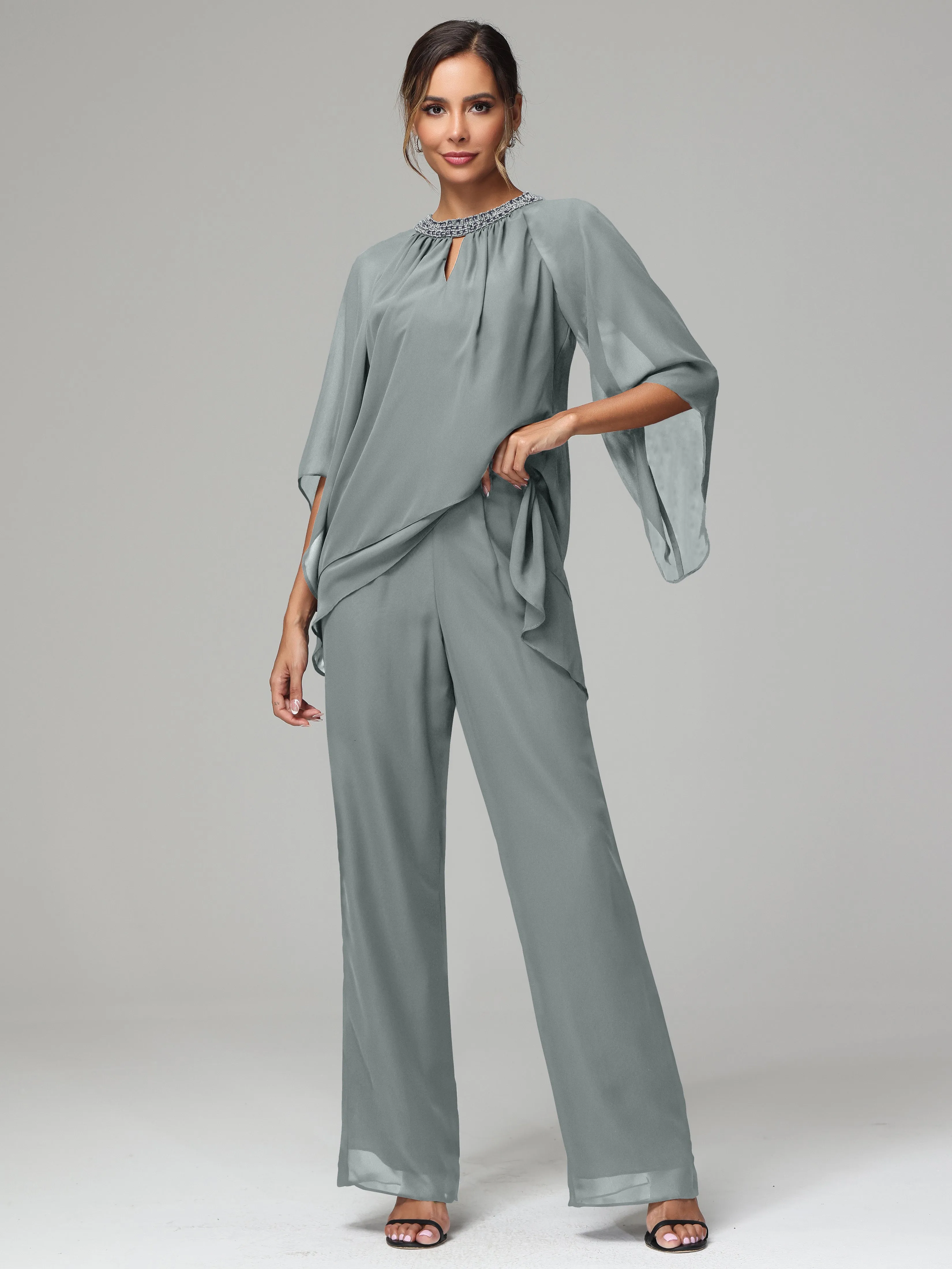Long Sleeves Chiffon Mother Of The Bride Dress Pants Suits