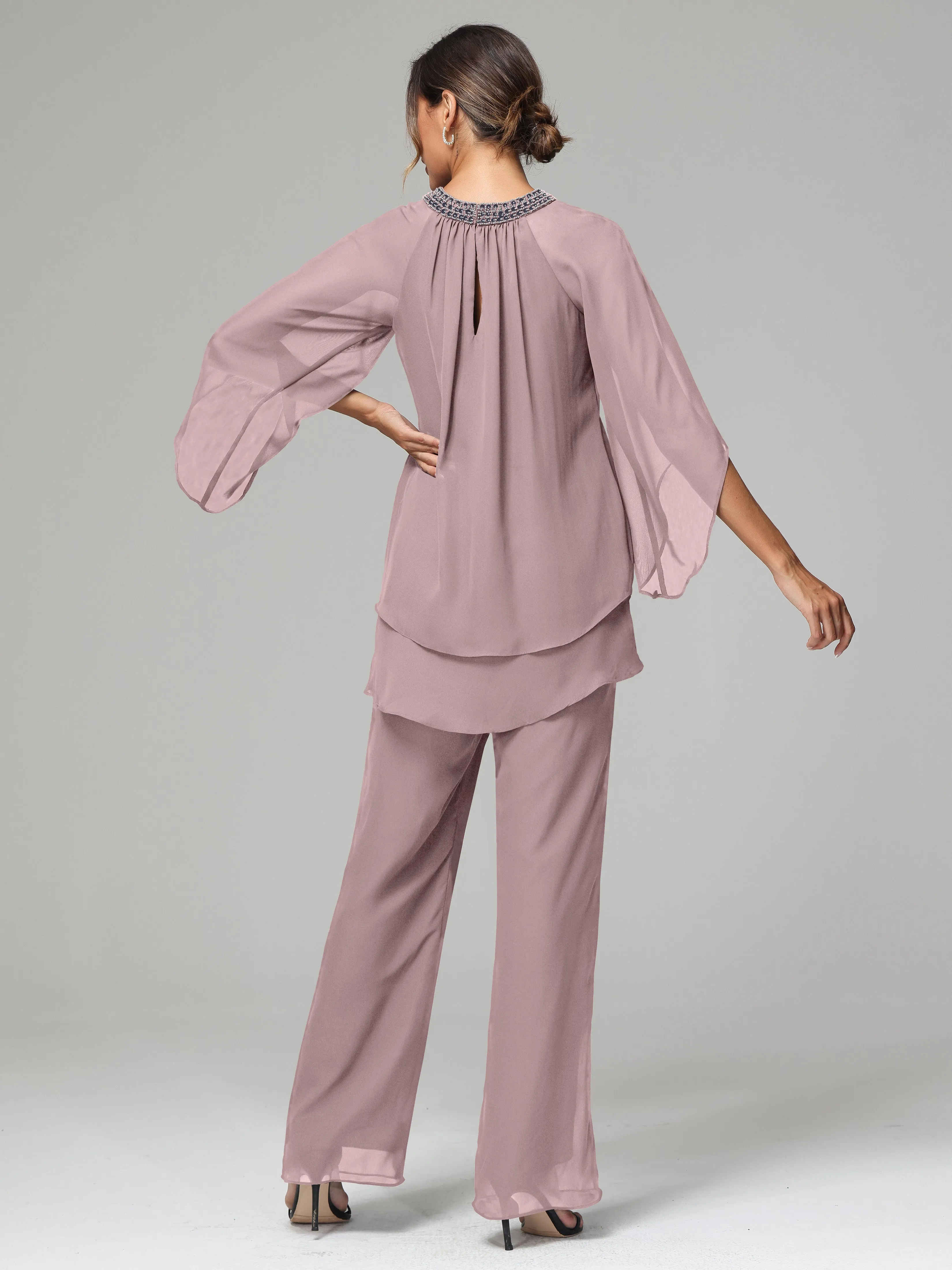 Long Sleeves Chiffon Mother Of The Bride Dress Pants Suits