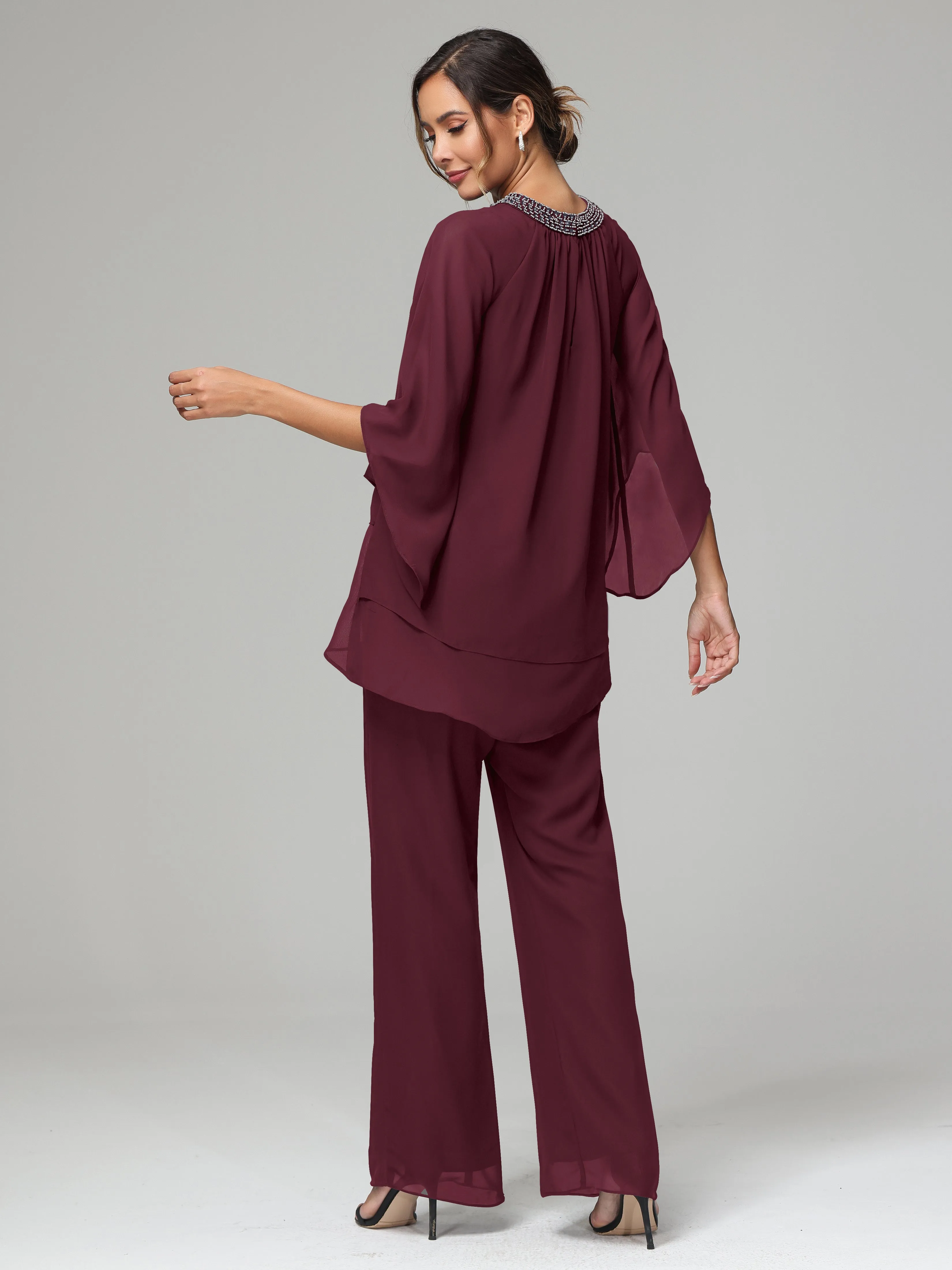 Long Sleeves Chiffon Mother Of The Bride Dress Pants Suits
