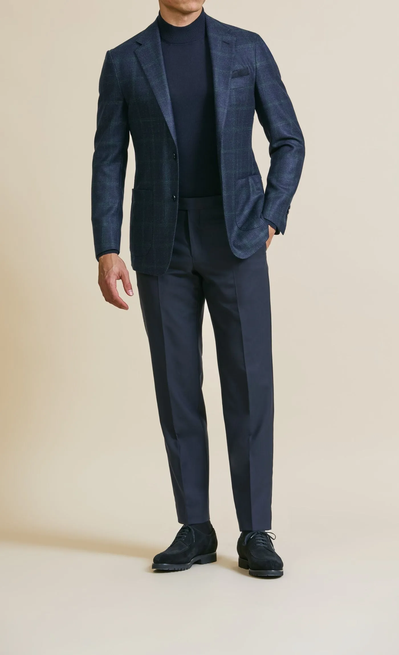 Loro Piana Silk Air Peacock Blue Merino Wool, Silk & Cashmere with Green Windowpane
