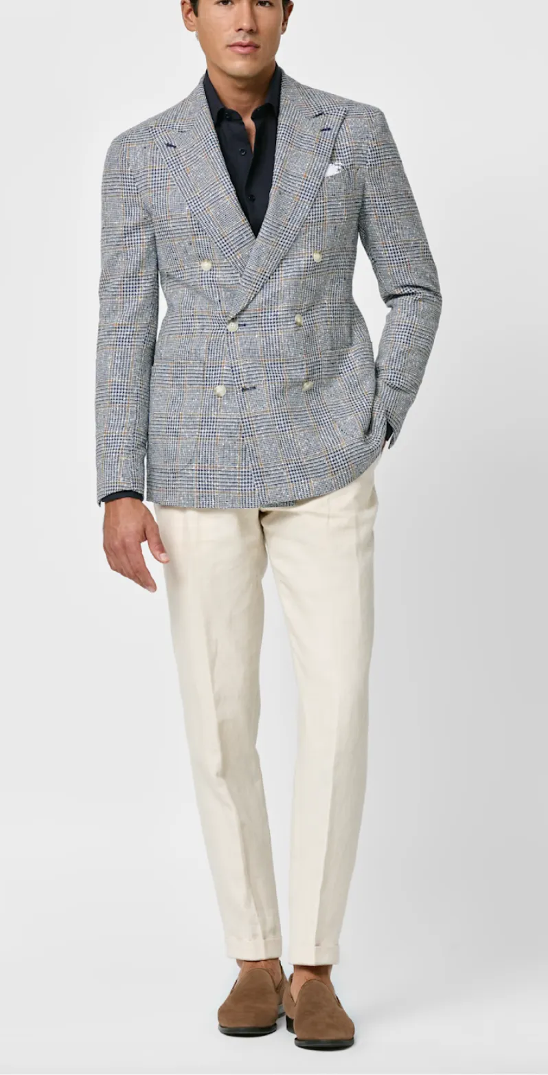 Loro Piana SUMMERTIME Royal Blue & Ivory Wool, Silk & Linen Glencheck with Light Brown Windowpane