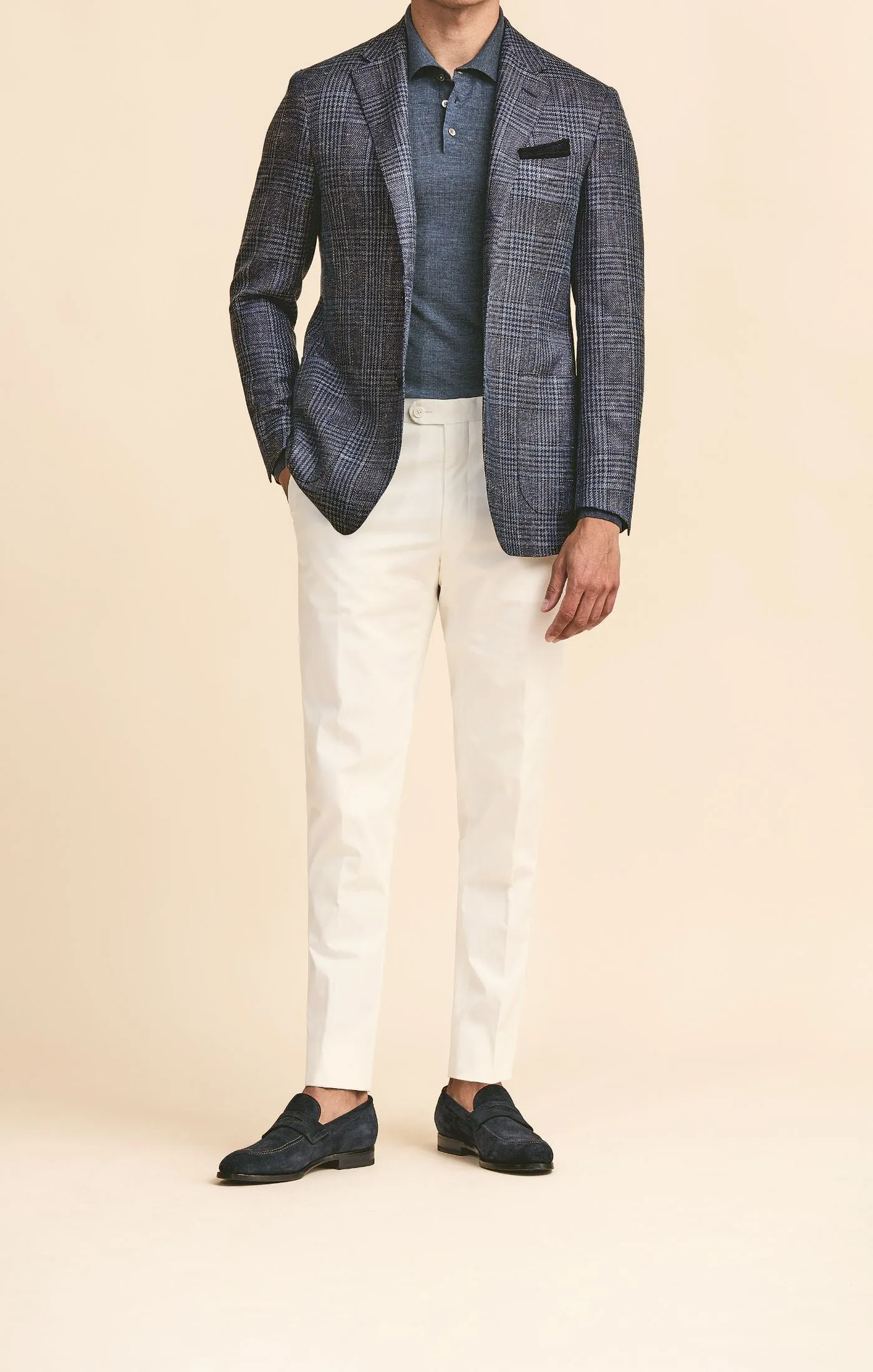 Loro Piana SUMMERTIME Slate Blue Wool, Silk & Linen With Navy Glencheck