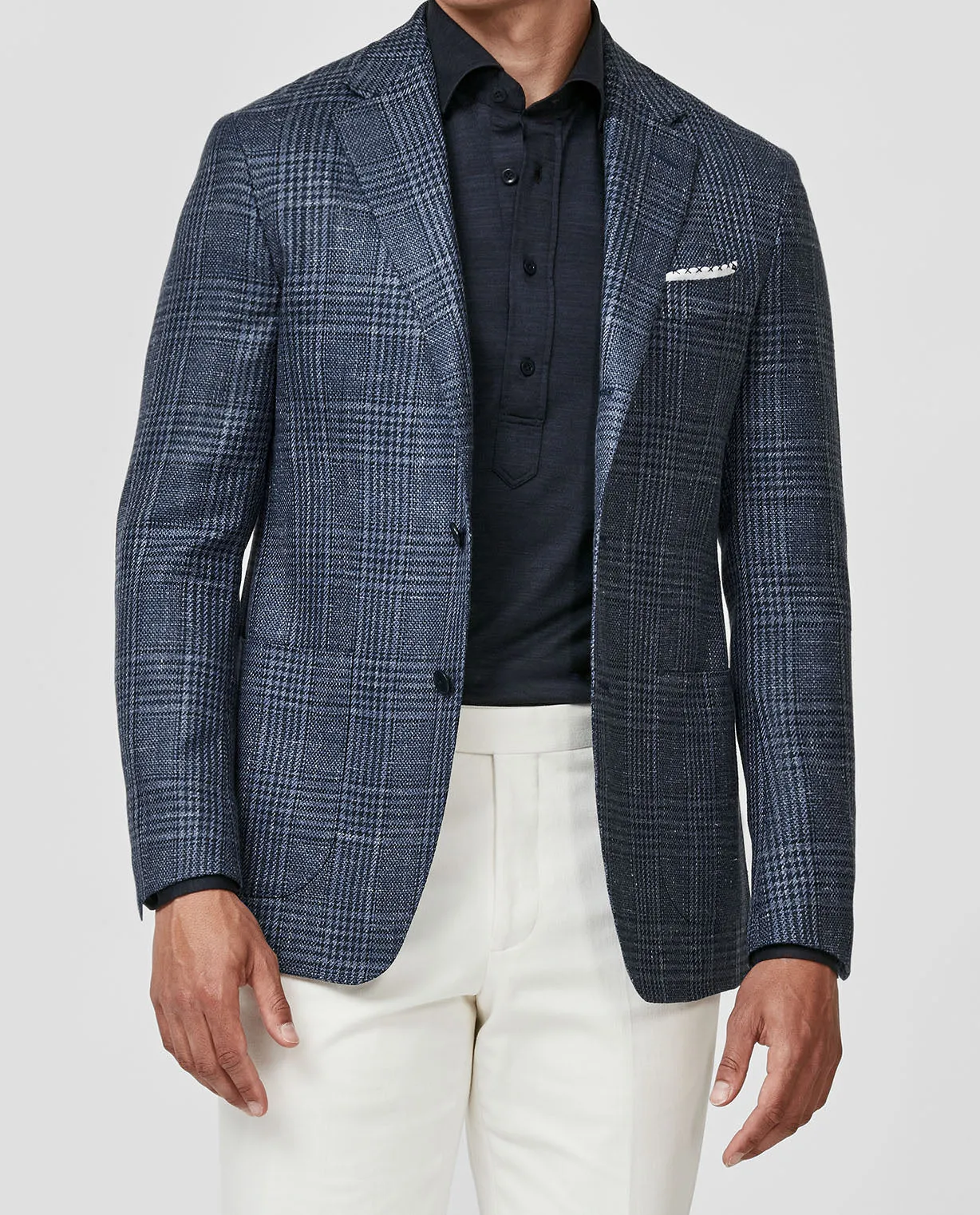 Loro Piana SUMMERTIME Slate Blue Wool, Silk & Linen With Navy Glencheck