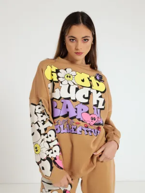 Loud Printed Oversized Fleece - Tan