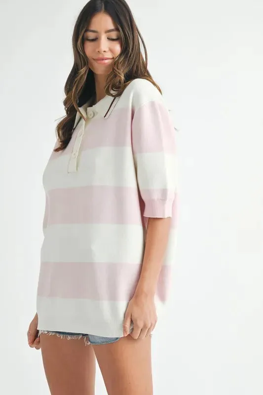 MABLE Oversized Stripe Polo Collar Sweater