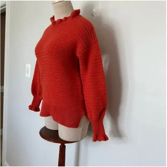 Madewell Ruffle-Neck Cotton-Merino Pullover Sweater in Fresh Chili Size Small