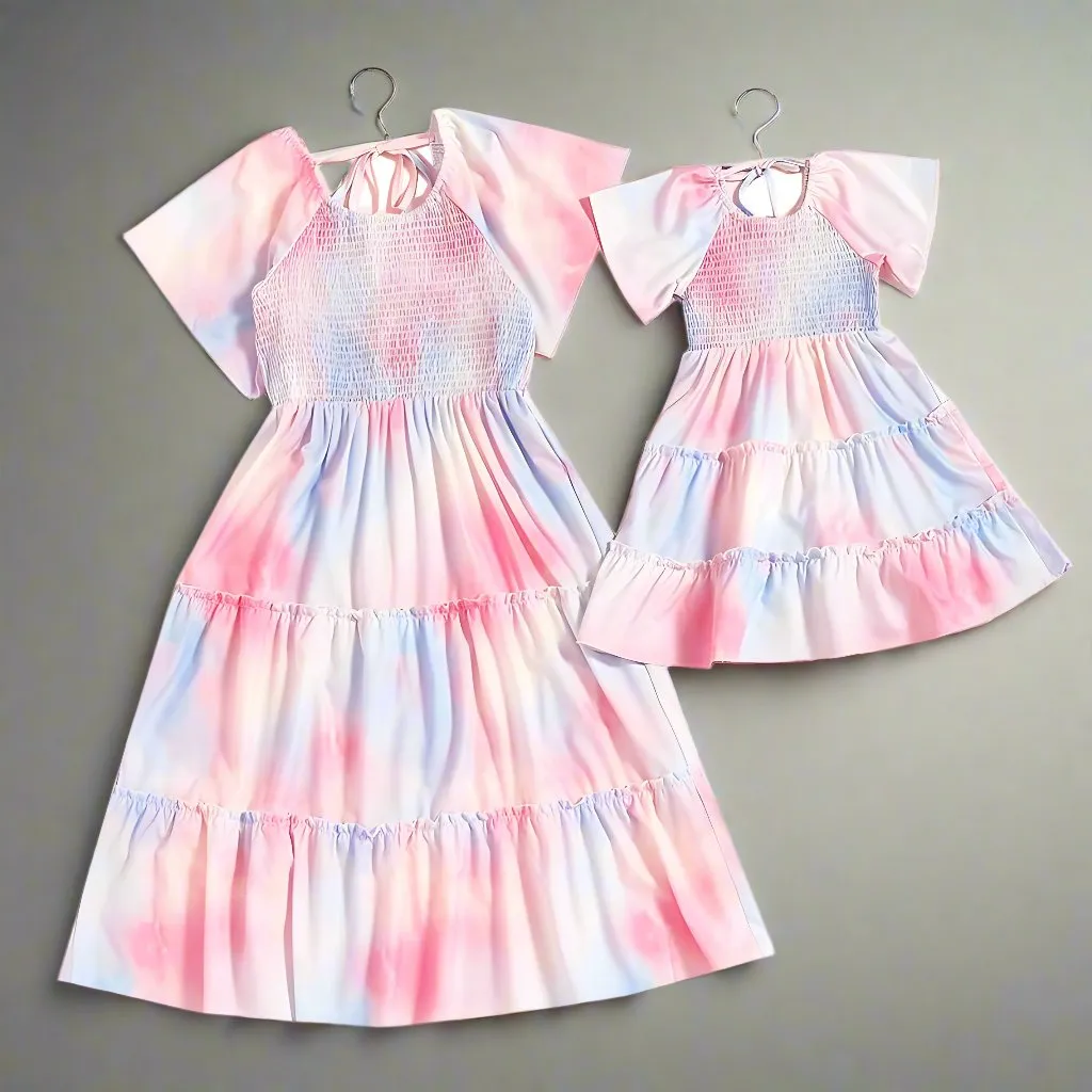 Matching Mommy & Me Pastel Tie-Dye Ruffle Dresses – Flutter Sleeve Smocked Set