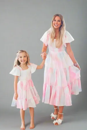 Matching Mommy & Me Pastel Tie-Dye Ruffle Dresses – Flutter Sleeve Smocked Set