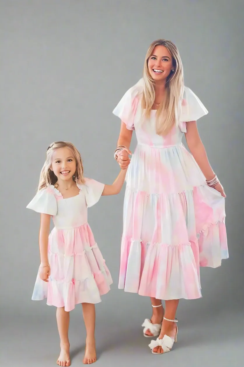 Matching Mommy & Me Pastel Tie-Dye Ruffle Dresses – Flutter Sleeve Smocked Set