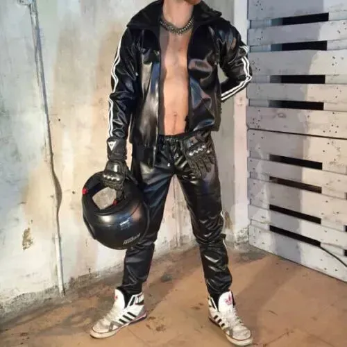 Men's & boys black Leather Hooded Jacket & Trouser. Real Soft Sheepskin leather.