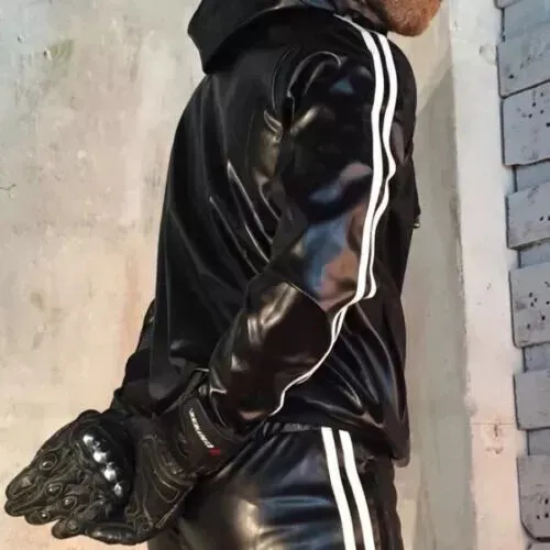 Men's & boys black Leather Hooded Jacket & Trouser. Real Soft Sheepskin leather.