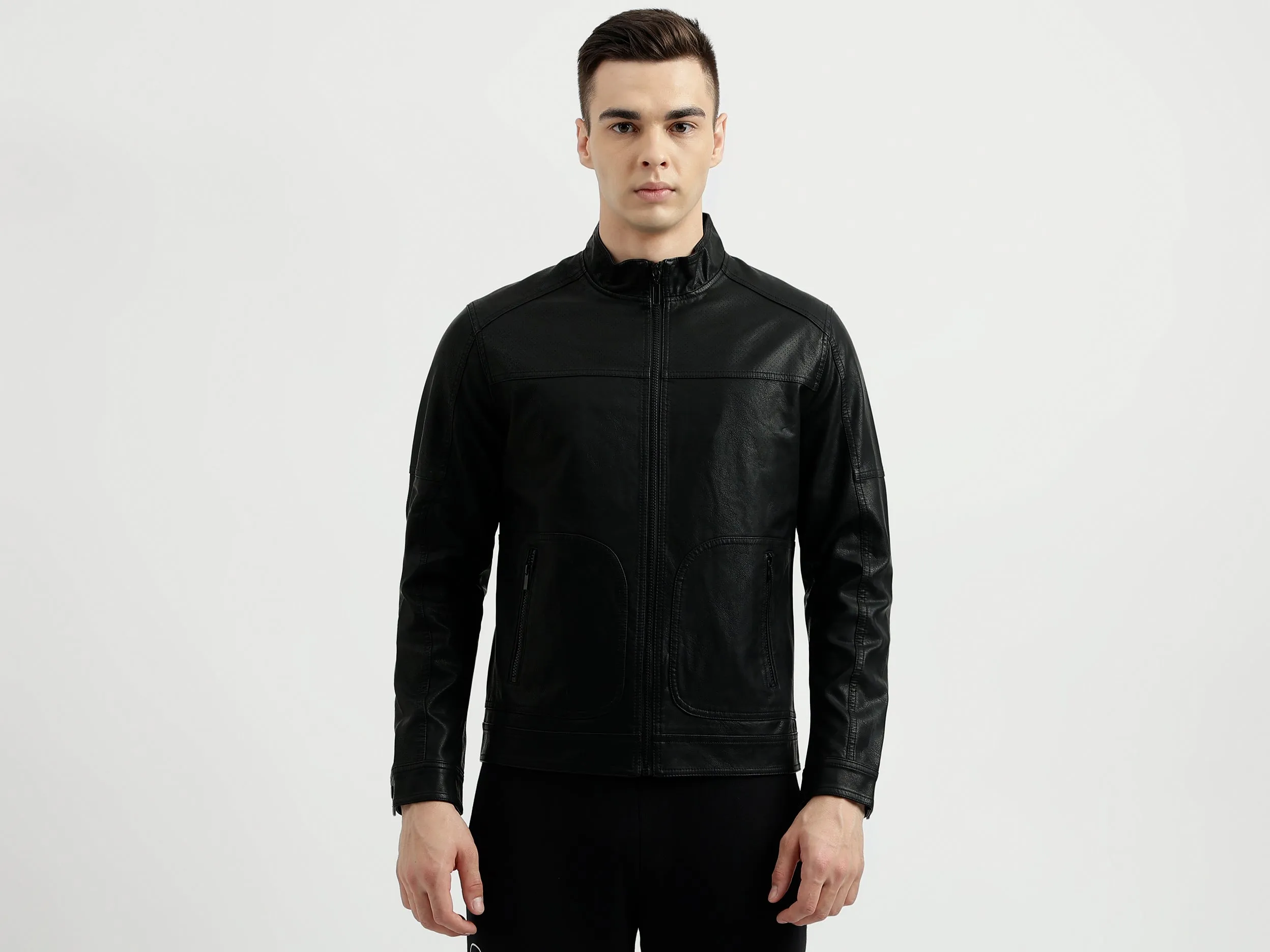 Men's Regular Fit Band Collar Textured Jacket