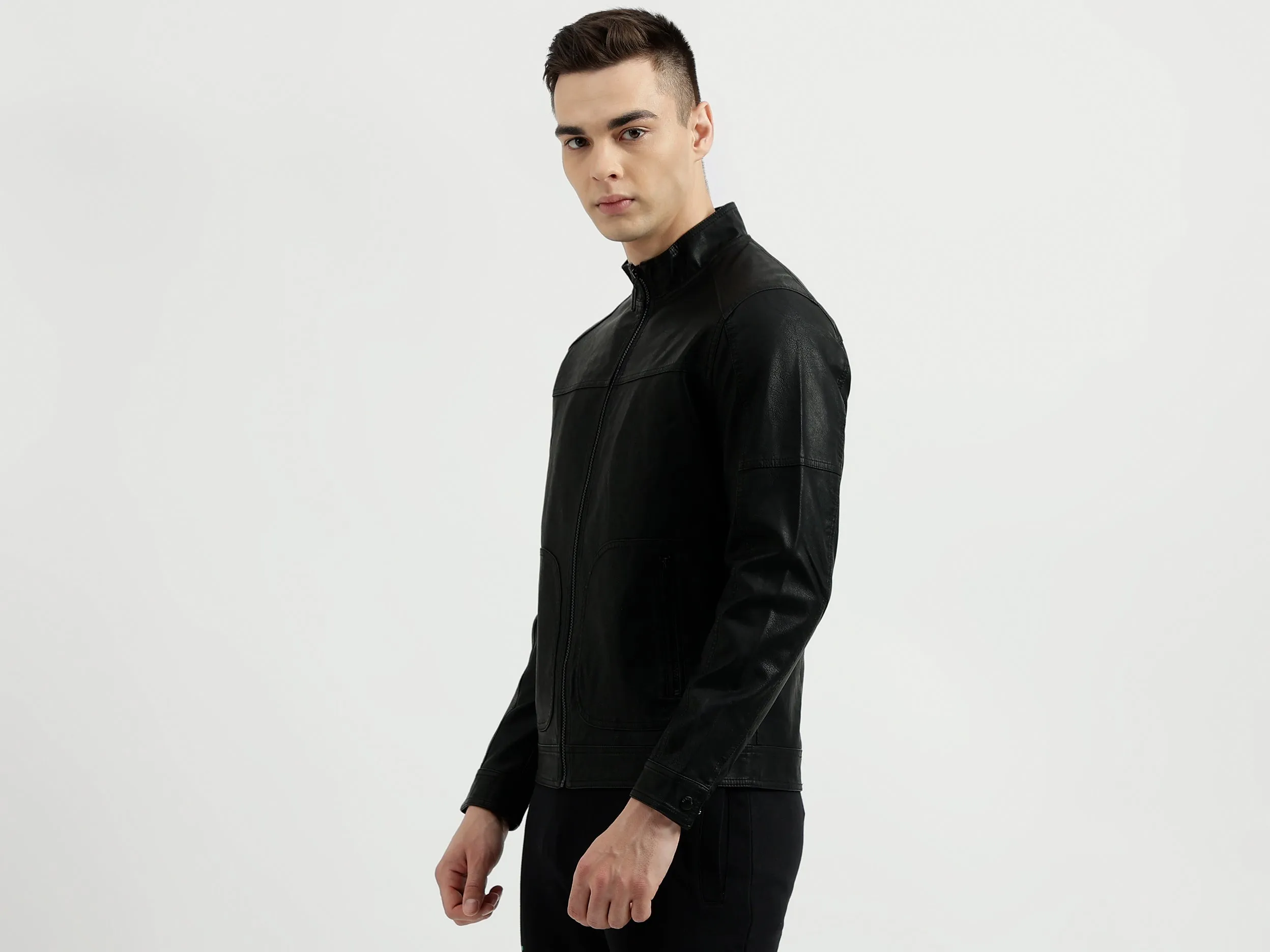 Men's Regular Fit Band Collar Textured Jacket
