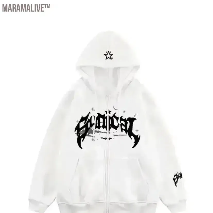 Men's zipper retro sweater hooded sweatshirt letters and stars multifunctional casual jacket American style fashionable 2024